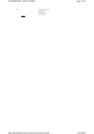 OS INCRIVEIS / THE CLEVERS                                           Page 5 of 5



          (1962)                       07 A lenda da tribo rebelde
                                       08 Las Vegas twist
                                       09 Colorado
                                       10 Canção de Dalila
                                       11 Olhos negros
                                       12 Old man river




http://brasilmusik.com/o/os-incriveis/os-incriveis.htm                26/9/2010
 
