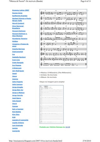 *Música & Poesia*: Os incriveis (Banda)                                        Page 6 of 11



   Grammy Latino 2007
   Guang Liang
   Guilherme Arantes
   Herbert Vianna e Paulo
   Sérgio Valle
   Hervê Cordovil
   Hino Nacional
   Brasileiro
   Howard Ashman
   Howard Ashman e
   Alan Menken
   Humberto Teixeira
   Hyldon
   imagens e frases de
   amor
   Inezita Barroso
   Instrumental
   Ira
   Isabella Nardoni
   Ivan Lins
   Ivete Sangalo
   Ivo Pessoa
   J-Entercom
   Jair Rodrigues
                                    • Música: O Milionário (The Millionaire)
   Jessé
                                    • Artista: Os Incriveis
   Jesus
                                    • Álbum: Os incríveis
   Joanna
   John Fogerty                     Clique na imagem para ampliar
   John Lennon
   Jorge Aragão
   Jorge Ben Jor
   Jorge e Mateus
   Jorge Vercílo
   José Spera
   Jota Quest
   Joyce
   Juanes
   kaic e kaynan
   Kid Abelha
   Kim Chiu
   KLB
   Leandro E Leonardo
   Legião Urbana
   Leni Andrade
                                    Postado por Cidinha Damaso às 10:29
   Lenine
   Leonardo




http://musicpoesia.blogspot.com/2007/10/os-incriveis-banda.html                  27/8/2010
 