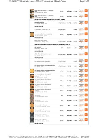 OS INCRIVEIS : cd, vinyl, maxi, 33T, 45T en vente sur CDandLP.com                                                         Page 2 of 3



                              era um garoto que como eu ... / czardas pic.                                              Mararecords
                                                                                                                          (Brazil)
                              sleeve                                                45T x 1         VG+/VG+   27.53 €
                              RCA-VICTOR:lc6340 - BRAZIL                                                                    Pro

                                                                                                                        Mararecords
                              era um garoto que como eu ... / czardas pic.
                                                                                                                          (Brazil)
                              sleeve                                                45T x 1         VG+/VG+   27.53 €
                              RCA-VICTOR:lc6340 - BRAZIL                                                                    Pro

                              OS INCRÍVEIS/CARLOS GONZAGA/ANTONIO BORBA
                                                                                                                        Sebododisco
                              especial pra promoção                                                                       (Brazil)
                                                                                45T (SP 2 titres)   VG+/VG+   16.75 €
                              RCA VICTOR - BRASIL - 1967
                                                                                                                            Pro

                              OS INCRIVEIS
                                                                                                                         Rockhouse
                                                                                                                        (Nederland)
                              eu te amo brasil / quando vejo o sol              45T (SP 2 titres)             19.90 €
                                                                                                                            Pro

                                                                                                                        Mararecords
                              eu te amo meu brasil / quando vejo o sol                                                    (Brazil)
                                                                                    45T x 1         VG+/VG+   25.17 €
                              RCA-VICTOR:lc6660 - BRAZIL
                                                                                                                            Pro

                              OS INCRÍVEIS
                                                                                                                        Sebododisco
                              feliz foi adão/ piangi con me                                                               (Brazil)
                                                                                45T (SP 2 titres)   VG+/VG+   16.75 €
                              CONTINENTAL - BRASIL - 1966
                                                                                                                            Pro

                              SAM JAZZ QUINTET/AQUARIUS BAND/OS INCRIVEIS/THE JO
                                                                                                                        Sebododisco
                              flash back hits                                                                             (Brazil)
                                                                                      33T           VG/VG+    8.22 €
                              PHONODISC - BRAZIL - 1986
                                                                                                                            Pro

                              OS INCRÍVEIS
                                                                                                                        Sebododisco
                              gôôôôl-ôôl! brasil!!!/o canário vai cantar                                                  (Brazil)
                                                                                45T (SP 2 titres)   VG+/VG+   16.75 €
                              RCA - BRASIL - 1978
                                                                                                                            Pro

                              OS INCRIVEIS
                                                                                                                         Rockhouse
                                                                                                                        (Nederland)
                              hino nacional / hino da independenci              45T (SP 2 titres)             19.90 €
                                                                                                                            Pro

                                                                                                                        Sebododisco
                              hino nacional / hino da independencia do brasil                                             (Brazil)
                                                                                45T (SP 2 titres)    VG/VG    8.65 €
                              RCA - BRAZIL - 1971
                                                                                                                            Pro

                                                                                                                        Mararecords
                              hino nacional / hino da independencia do brasil                                             (Brazil)
                                                                                    45T x 1         VG+/VG+   25.17 €
                              RCA-VICTOR:lc6700nops - BRAZIL
                                                                                                                            Pro

                              hino nacional / hino da independencia                                                     Mararecords
                                                                                                                          (Brazil)
                              pic.sleeve                                            45T x 1         VG+/VG+   25.17 €
                              RCA-VICTOR:lc6700 - BRAZIL                                                                    Pro

                                                                                                                        Mararecords
                              hino nacional / hino da independencia
                                                                                                                          (Brazil)
                              pic.sleeve                                            45T x 1         VG+/VG+   25.17 €
                              RCA-VICTOR:lc6700 - BRAZIL                                                                    Pro

                                                                                                                        Mararecords
                              hino nacional / hino da independencia
                                                                                                                          (Brazil)
                              pic.sleeve                                            45T x 1         VG/VG+    25.17 €
                              RCA-VICTOR:lc6700 - BRAZIL                                                                    Pro

                                                                                                                        Mararecords
                              hino nacional / hino da independencia
                                                                                                                          (Brazil)
                              pic.sleeve                                            45T x 1         VG+/VG+   25.17 €
                              RCA-VICTOR:lc6700 - BRAZIL                                                                    Pro

                                                                                                                        Mararecords
                              internacionais                                                                              (Brazil)
                                                                                      33T           VG+/VG+   51.13 €
                              RCA-VICTOR:bbl1460 - BRAZIL
                                                                                                                            Pro

                                                                                                                        Mararecords
                              internacionais                                                                              (Brazil)
                                                                                      33T           VG+/VG+   51.13 €
                              RCA-VICTOR:bbl1460 - BRAZIL
                                                                                                                            Pro

                                                                                                                        Mararecords
                              kokorono - niji / o milionario                                                              (Brazil)
                                                                                    45T x 1           G/G     25.17 €
                              RCA-VICTOR:lc6432orange - BRAZIL
                                                                                                                            Pro

                                                                                                                        Mararecords
                              kokorono - niji / o milionario                                                              (Brazil)
                                                                                    45T x 1         VG+/VG+   31.46 €
                              RCA-VICTOR:lc6432orange - BRAZIL
                                                                                                                            Pro

                                                                                                                        Mararecords
                              kokorono - niji / o milionario                                                              (Brazil)
                                                                                    45T x 1         VG+/VG+   31.46 €
                              RCA-VICTOR:lc6432black - BRAZIL
                                                                                                                            Pro

                                                                                                                        Mararecords
                              kokorono - niji / o milionario                                                              (Brazil)
                                                                                    45T x 1         VG+/VG+   31.46 €
                              RCA-VICTOR:lc6432black - BRAZIL
                                                                                                                            Pro

                              OS INCRÍVEIS




http://www.cdandlp.com/liste/index.cfm?seriesel=0&titresel=0&categsel=0&vendeurs...                                         27/8/2010
 