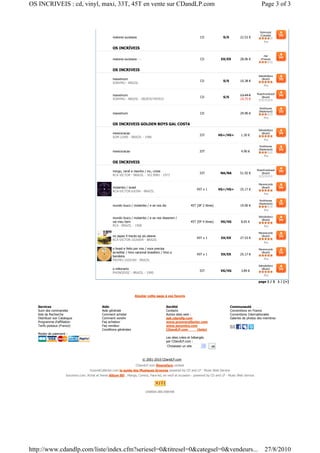 OS INCRIVEIS : cd, vinyl, maxi, 33T, 45T en vente sur CDandLP.com                                                                                               Page 3 of 3



                                                                                                                                                              Ssmmusic
                                                                                                                                                              (Canada)
                                                     maiores sucessos                                                CD              S/S         22.52 €
                                                                                                                                                                  Pro

                                                     OS INCRÍVEIS

                                                                                                                                                                  Hal
                                                     maiores sucessos - -                                            CD             EX/EX        28.06 €       (France)



                                                     OS INCRIVEIS
                                                                                                                                                             Sebododisco
                                                     maxximum                                                                                                  (Brazil)
                                                                                                                     CD              S/S         10.38 €
                                                     SONYMU - BRAZIL
                                                                                                                                                                  Pro

                                                                                                                                                            Musicfrombrazil
                                                     maxximum                                                                                    13.44 €
                                                                                                                     CD              S/S                       (Brazil)
                                                     SONYMU - BRAZIL - 0828767493923                                                             10.75 €

                                                                                                                                                               Rockhouse
                                                                                                                                                              (Nederland)
                                                     maxximum                                                        CD                          29.90 €
                                                                                                                                                                  Pro

                                                     OS INCRIVEIS GOLDEN BOYS GAL COSTA
                                                                                                                                                             Sebododisco
                                                     mexicoracao                                                                                               (Brazil)
                                                                                                                     33T           VG+/VG+        1.30 €
                                                     SOM LIVRE - BRAZIL - 1986
                                                                                                                                                                  Pro

                                                                                                                                                               Rockhouse
                                                                                                                                                              (Nederland)
                                                     mexicoracao                                                     33T                          4.90 €
                                                                                                                                                                  Pro

                                                     OS INCRIVEIS

                                                     mingo, nenê e risonho / inc, criola                                                                    Musicfrombrazil
                                                                                                                     33T            NA/NA        51.92 €       (Brazil)
                                                     RCA VICTOR - BRAZIL - 103 0085 - 1973

                                                                                                                                                             Mararecords
                                                     molambo / israel                                                                                          (Brazil)
                                                                                                                   45T x 1         VG+/VG+       25.17 €
                                                     RCA-VICTOR:lc6394 - BRAZIL
                                                                                                                                                                  Pro

                                                                                                                                                               Rockhouse
                                                                                                                                                              (Nederland)
                                                     mundo louco / molambo / e se nos dis                      45T (SP 2 titres)                 19.90 €
                                                                                                                                                                  Pro

                                                                                                                                                             Sebododisco
                                                     mundo louco / molambo / e se nos disserem /
                                                                                                                                                               (Brazil)
                                                     vai meu bem                                               45T (EP 4 titres)    VG/VG         8.65 €
                                                     RCA - BRAZIL - 1968                                                                                          Pro

                                                                                                                                                             Mararecords
                                                     no japao 4 tracks ep pic.sleeve                                                                           (Brazil)
                                                                                                                   45T x 1          EX/EX        27.53 €
                                                     RCA-VICTOR:1020004 - BRAZIL
                                                                                                                                                                  Pro

                                                     o brasil e feito por nos / voce precisa                                                                 Mararecords
                                                     acreditar / hino nacional brasileiro / hino a                                                             (Brazil)
                                                                                                                   45T x 1          EX/EX        25.17 €
                                                     bandeira
                                                     PROMO:1020184 - BRAZIL                                                                                       Pro

                                                                                                                                                             Sebododisco
                                                     o milionario                                                                                              (Brazil)
                                                                                                                     33T            VG/VG         3.89 €
                                                     PHONODISC - BRAZIL - 1990
                                                                                                                                                                  Pro

                                                                                                                                                             page 1 / 2 1 2 [>]



                                                                     Ajouter cette page à vos favoris


   Services                                   Aide                                           Société                                       Communauté
   Suivi des commandes                        Aide générale                                  Contacts                                      Conventions en France
   liste de Recherche                         Comment acheter                                Autres sites web :                            Conventions Internationales
   Distribuer son Catalogue                   Comment vendre                                 ask.cdandlp.com                               Galeries de photos des membres
   Programme d'affiliation                    Faq acheteur                                   www.groovecollector.com
   Tarifs postaux (France)                    Faq vendeur                                    www.socomics.com
                                              Conditions générales                           CDandLP.com        (beta)
   Modes de paiement :
                                                                                             Les sites crées et hébergés
                                                                                             par CDandLP.com :
                                                                                              Choisissez un site              ok



                                                                            © 2001-2010 CDandLP.com
                                                                      CDandLP.com Sleeveface contest
                                      GrooveCollector.com le guide des Musiques Grooves powered by CD and LP - Music Web Service
                      Socomics.com, Achat et Vente Album BD , Manga, Comics, Para-bd, en neuf et occasion - powered by CD and LP - Music Web Service




                                                                              creation site internet




http://www.cdandlp.com/liste/index.cfm?seriesel=0&titresel=0&categsel=0&vendeurs...                                                                               27/8/2010
 