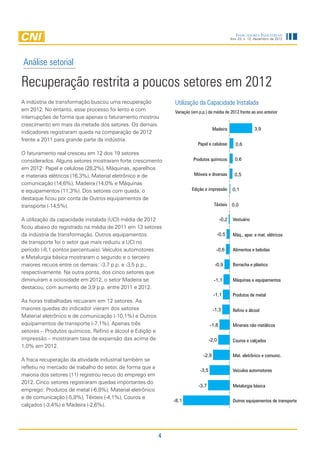 Indicadores Industriais
                                                                                                   Ano 23, n. 12, dezembro de 2012




Análise setorial

Recuperação restrita a poucos setores em 2012
A indústria de transformação buscou uma recuperação            Utilização da Capacidade Instalada
em 2012. No entanto, esse processo foi lento e com             Variação (em p.p.) da média de 2012 frente ao ano anterior
interrupções de forma que apenas o faturamento mostrou
crescimento em mais da metade dos setores. Os demais
                                                                                      Madeira                    3,9
indicadores registraram queda na comparação de 2012
frente a 2011 para grande parte da indústria.
                                                                           Papel e celulose           0,6
O faturamento real cresceu em 12 dos 19 setores
considerados. Alguns setores mostraram forte crescimento                 Produtos químicos           0,6
em 2012: Papel e celulose (28,2%), Máquinas, aparelhos
e materiais elétricos (16,3%), Material eletrônico e de                  Móveis e diversas           0,5
comunicação (14,6%), Madeira (14,0% e Máquinas
e equipamentos (11,3%). Dos setores com queda, o                        Edição e impressão          0,1
destaque ficou por conta de Outros equipamentos de
transporte (-14,5%).                                                                  Têxteis 0,0


A utilização da capacidade instalada (UCI) média de 2012                                    -0,2    Vestuário
ficou abaixo do registrado na média de 2011 em 13 setores
da indústria de transformação. Outros equipamentos                                         -0,5     Máq., apar. e mat. elétricos
de transporte foi o setor que mais reduziu a UCI no
período (-8,1 pontos percentuais). Veículos automotores                                -0,6         Alimentos e bebidas
e Metalurgia básica mostraram o segundo e o terceiro
maiores recuos entre os demais: -3,7 p.p. e -3,5 p.p.,                                 -0,9         Borracha e plástico
respectivamente. Na outra ponta, dos cinco setores que
diminuíram a ociosidade em 2012, o setor Madeira se                                   -1,1          Máquinas e equipamentos
destacou, com aumento de 3,9 p.p. entre 2011 e 2012.
                                                                                      -1,1          Produtos de metal
As horas trabalhadas recuaram em 12 setores. As
maiores quedas do indicador vieram dos setores                                        -1,3          Refino e álcool
Material eletrônico e de comunicação (-10,1%) e Outros
equipamentos de transporte (-7,1%). Apenas três                                     -1,8            Minerais não metálicos
setores – Produtos químicos, Refino e álcool e Edição e
impressão – mostraram taxa de expansão das acima de                                 -2,0            Couros e calçados
1,0% em 2012.
                                                                               -2,9                 Mat. eletrônico e comunic.
A fraca recuperação da atividade industrial também se
refletiu no mercado de trabalho do setor, de forma que a
                                                                             -3,5                   Veículos automotores
maioria dos setores (11) registrou recuo do emprego em
2012. Cinco setores registraram quedas importantes do
                                                                            -3,7                    Metalurgia básica
emprego: Produtos de metal (-6,8%), Material eletrônico
e de comunicação (-5,8%), Têxteis (-4,1%), Couros e
                                                               -8,1                                 Outros equipamentos de transporte
calçados (-3,4%) e Madeira (-2,6%).




                                                           4
 