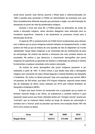 22
ainda piorar quando José Sarney assume o Brasil após a redemocratização em
1985 e escolhe para comandar a FUNAI um administrador de empresas com uma
ótica completamente diferente daquela que precisaria o órgão, sua administração foi
desastrosa no ponto de vista da problemática indígena.
Durante o início dos anos 90, a FUNAI perdeu as atribuições de cuidar da
saúde e educação indígena, vários decretos delegaram essa atribuição para os
ministérios específicos. Cabendo a ela atualmente os processos iniciais para a
demarcação de terras.
O papel do SPI e posteriormente da FUNAI foram fundamentais para eliminar
com a falácia que os povos indígenas estariam fadados ao desaparecimento, e nada
poderia ser feito ja que se tratava de uma questão de não se adaptarem ao mundo
“globalizado” essas ideias chegaram a ser compradas até por profissionais da área
da antropologia. No entanto ela atendia a interesses dos mais variados setores da
sociedade. Na prática o que alavancou o crescimento demográfico dos povos
indígenas foi justamente as garantias de direitos e a efetivação de políticas a direitos
fundamentais a qualquer sociedade como saúde e educação.
Os índices do censo demográfico dos povos indígenas passaram a ser
realizados a partir de 1991. A ótima noticia e que desde essa data a demografia
indígena vem crescendo em todo o Brasil segundo o Instituto Brasileiro de Geografia
e Estatística. Os índios no Brasil possuem hoje uma população que somam 896,9
mil pessoas, de 305 etnias, que falam 274 línguas indígenas, segundo esses dados
são da realização do último censo realizado em 2010 pelo Instituto Brasileiro de
Geografia e Estatística (IBGE).
É lógico que esse número se comparado com a população que ja existiu no
território nacional chega a ser ínfimo, se analisarmos o contexto histórico a qual
passaram esses povos que foram vitimados tantos por “inimigos visíveis” quanto por
“invisíveis” que os matavam feitos insetos ao longo de séculos de colonização e
contatos com o “branco” pode se perceber que temos uma evolução desde 1991 até
2010 como mostra os dados.
Anos 1991 2000 2010
Região Norte 124.613 213.445 305.873
 