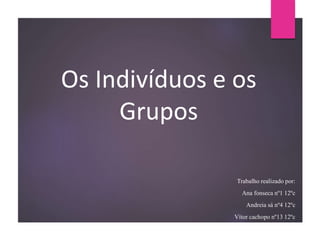 Os Indivíduos e os
Grupos
Trabalho realizado por:
Ana fonseca nº1 12ºc
Andreia sá nº4 12ºc
Vítor cachopo nº13 12ºc
 