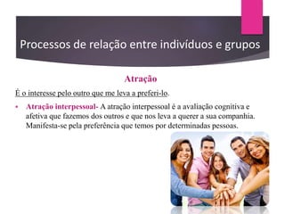 Processos de relação entre indivíduos e grupos
Atração
É o interesse pelo outro que me leva a preferi-lo.
 Atração interpessoal- A atração interpessoal é a avaliação cognitiva e
afetiva que fazemos dos outros e que nos leva a querer a sua companhia.
Manifesta-se pela preferência que temos por determinadas pessoas.
 