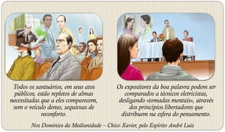 Todos os santuários, em seus atos         Os expositores da boa palavra podem ser
  públicos, estão repletos de almas           comparados a técnicos eletricistas,
necessitadas que a eles comparecem,         desligando «tomadas mentais», através
 sem o veículo denso, sequiosas de               dos princípios libertadores que
             reconforto.                     distribuem na esfera do pensamento.
        Nos Domínios da Mediunidade – Chico Xavier, pelo Espírito André Luiz
 