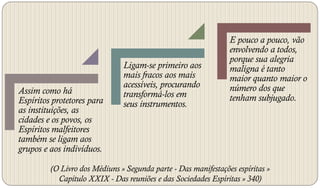 E pouco a pouco, vão
                                                                envolvendo a todos,
                                                                porque sua alegria
                               Ligam-se primeiro aos            maligna é tanto
                               mais fracos aos mais             maior quanto maior o
                               acessíveis, procurando           número dos que
Assim como há                  transformá-los em
Espíritos protetores para                                       tenham subjugado.
                               seus instrumentos.
as instituições, as
cidades e os povos, os
Espíritos malfeitores
também se ligam aos
grupos e aos indivíduos.

         (O Livro dos Médiuns » Segunda parte - Das manifestações espíritas »
           Capítulo XXIX - Das reuniões e das Sociedades Espíritas » 340)
 