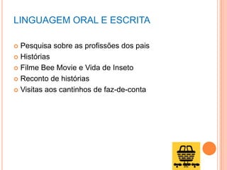 LINGUAGEM ORAL E ESCRITA
 Pesquisa sobre as profissões dos pais
 Histórias
 Filme Bee Movie e Vida de Inseto
 Reconto de histórias
 Visitas aos cantinhos de faz-de-conta
 