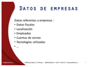 info@ethelhub.io C/Moreno Nieto 2, 3º Planta Ÿ 28005 Madrid Ÿ +34 91 133 87 27 Ÿ www.ethelhub.io
Datos de empresas
Datos	referentes	a	empresas	:
• Datos	fiscales
• Localización
• Empleados
• Cuentas	de	correo
• Tecnologías	utilizadas
• …
9
 