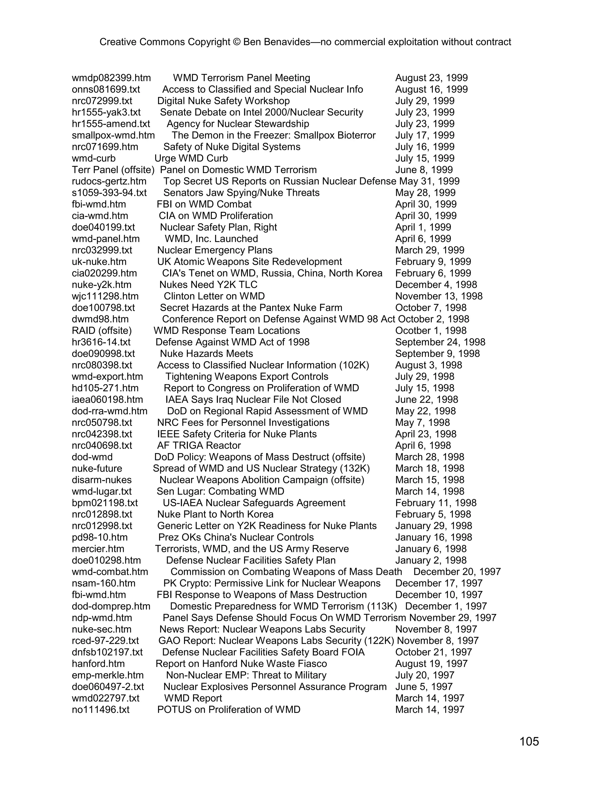 Creative Commons Copyright © Ben Benavides—no commercial exploitation without contract


wmdp082399.htm           WMD Terrorism Panel Meeting                   August 23, 1999
onns081699.txt        Access to Classified and Special Nuclear Info    August 16, 1999
nrc072999.txt        Digital Nuke Safety Workshop                      July 29, 1999
hr1555-yak3.txt       Senate Debate on Intel 2000/Nuclear Security     July 23, 1999
hr1555-amend.txt        Agency for Nuclear Stewardship                 July 23, 1999
smallpox-wmd.htm         The Demon in the Freezer: Smallpox Bioterror  July 17, 1999
nrc071699.htm          Safety of Nuke Digital Systems                  July 16, 1999
wmd-curb            Urge WMD Curb                                      July 15, 1999
Terr Panel (offsite) Panel on Domestic WMD Terrorism                   June 8, 1999
rudocs-gertz.htm       Top Secret US Reports on Russian Nuclear Defense May 31, 1999
s1059-393-94.txt       Senators Jaw Spying/Nuke Threats                May 28, 1999
fbi-wmd.htm          FBI on WMD Combat                                 April 30, 1999
cia-wmd.htm           CIA on WMD Proliferation                         April 30, 1999
doe040199.txt         Nuclear Safety Plan, Right                       April 1, 1999
wmd-panel.htm          WMD, Inc. Launched                              April 6, 1999
nrc032999.txt        Nuclear Emergency Plans                           March 29, 1999
uk-nuke.htm          UK Atomic Weapons Site Redevelopment              February 9, 1999
cia020299.htm         CIA's Tenet on WMD, Russia, China, North Korea February 6, 1999
nuke-y2k.htm          Nukes Need Y2K TLC                               December 4, 1998
wjc111298.htm          Clinton Letter on WMD                           November 13, 1998
doe100798.txt         Secret Hazards at the Pantex Nuke Farm           October 7, 1998
dwmd98.htm            Conference Report on Defense Against WMD 98 Act October 2, 1998
RAID (offsite)      WMD Response Team Locations                        Ocotber 1, 1998
hr3616-14.txt       Defense Against WMD Act of 1998                    September 24, 1998
doe090998.txt         Nuke Hazards Meets                               September 9, 1998
nrc080398.txt        Access to Classified Nuclear Information (102K)   August 3, 1998
wmd-export.htm         Tightening Weapons Export Controls              July 29, 1998
hd105-271.htm          Report to Congress on Proliferation of WMD      July 15, 1998
iaea060198.htm         IAEA Says Iraq Nuclear File Not Closed          June 22, 1998
dod-rra-wmd.htm         DoD on Regional Rapid Assessment of WMD        May 22, 1998
nrc050798.txt        NRC Fees for Personnel Investigations             May 7, 1998
nrc042398.txt        IEEE Safety Criteria for Nuke Plants              April 23, 1998
nrc040698.txt        AF TRIGA Reactor                                  April 6, 1998
dod-wmd             DoD Policy: Weapons of Mass Destruct (offsite)     March 28, 1998
nuke-future         Spread of WMD and US Nuclear Strategy (132K)       March 18, 1998
disarm-nukes          Nuclear Weapons Abolition Campaign (offsite)     March 15, 1998
wmd-lugar.txt        Sen Lugar: Combating WMD                          March 14, 1998
bpm021198.txt          US-IAEA Nuclear Safeguards Agreement            February 11, 1998
nrc012898.txt        Nuke Plant to North Korea                         February 5, 1998
nrc012998.txt        Generic Letter on Y2K Readiness for Nuke Plants   January 29, 1998
pd98-10.htm          Prez OKs China's Nuclear Controls                 January 16, 1998
mercier.htm         Terrorists, WMD, and the US Army Reserve           January 6, 1998
doe010298.htm           Defense Nuclear Facilities Safety Plan         January 2, 1998
wmd-combat.htm           Commission on Combating Weapons of Mass Death December 20, 1997
nsam-160.htm           PK Crypto: Permissive Link for Nuclear Weapons December 17, 1997
fbi-wmd.htm          FBI Response to Weapons of Mass Destruction       December 10, 1997
dod-domprep.htm          Domestic Preparedness for WMD Terrorism (113K) December 1, 1997
ndp-wmd.htm            Panel Says Defense Should Focus On WMD Terrorism November 29, 1997
nuke-sec.htm          News Report: Nuclear Weapons Labs Security       November 8, 1997
rced-97-229.txt      GAO Report: Nuclear Weapons Labs Security (122K) November 8, 1997
dnfsb102197.txt       Defense Nuclear Facilities Safety Board FOIA     October 21, 1997
hanford.htm         Report on Hanford Nuke Waste Fiasco                August 19, 1997
emp-merkle.htm          Non-Nuclear EMP: Threat to Military            July 20, 1997
doe060497-2.txt        Nuclear Explosives Personnel Assurance Program June 5, 1997
wmd022797.txt          WMD Report                                      March 14, 1997
no111496.txt         POTUS on Proliferation of WMD                     March 14, 1997


                                                                                              105
 