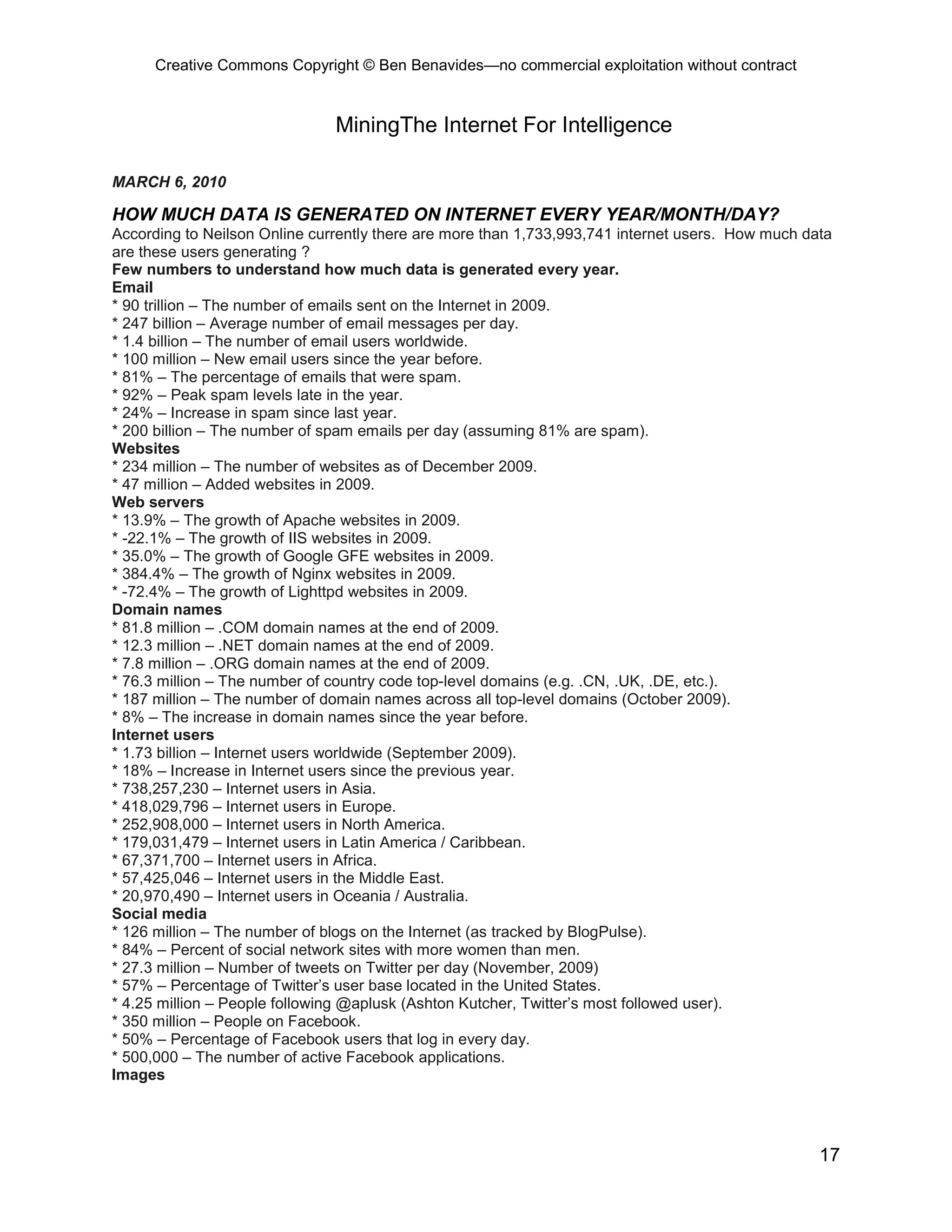 Creative Commons Copyright © Ben Benavides—no commercial exploitation without contract


                               MiningThe Internet For Intelligence

MARCH 6, 2010

HOW MUCH DATA IS GENERATED ON INTERNET EVERY YEAR/MONTH/DAY?
According to Neilson Online currently there are more than 1,733,993,741 internet users. How much data
are these users generating ?
Few numbers to understand how much data is generated every year.
Email
* 90 trillion – The number of emails sent on the Internet in 2009.
* 247 billion – Average number of email messages per day.
* 1.4 billion – The number of email users worldwide.
* 100 million – New email users since the year before.
* 81% – The percentage of emails that were spam.
* 92% – Peak spam levels late in the year.
* 24% – Increase in spam since last year.
* 200 billion – The number of spam emails per day (assuming 81% are spam).
Websites
* 234 million – The number of websites as of December 2009.
* 47 million – Added websites in 2009.
Web servers
* 13.9% – The growth of Apache websites in 2009.
* -22.1% – The growth of IIS websites in 2009.
* 35.0% – The growth of Google GFE websites in 2009.
* 384.4% – The growth of Nginx websites in 2009.
* -72.4% – The growth of Lighttpd websites in 2009.
Domain names
* 81.8 million – .COM domain names at the end of 2009.
* 12.3 million – .NET domain names at the end of 2009.
* 7.8 million – .ORG domain names at the end of 2009.
* 76.3 million – The number of country code top-level domains (e.g. .CN, .UK, .DE, etc.).
* 187 million – The number of domain names across all top-level domains (October 2009).
* 8% – The increase in domain names since the year before.
Internet users
* 1.73 billion – Internet users worldwide (September 2009).
* 18% – Increase in Internet users since the previous year.
* 738,257,230 – Internet users in Asia.
* 418,029,796 – Internet users in Europe.
* 252,908,000 – Internet users in North America.
* 179,031,479 – Internet users in Latin America / Caribbean.
* 67,371,700 – Internet users in Africa.
* 57,425,046 – Internet users in the Middle East.
* 20,970,490 – Internet users in Oceania / Australia.
Social media
* 126 million – The number of blogs on the Internet (as tracked by BlogPulse).
* 84% – Percent of social network sites with more women than men.
* 27.3 million – Number of tweets on Twitter per day (November, 2009)
* 57% – Percentage of Twitter’s user base located in the United States.
* 4.25 million – People following @aplusk (Ashton Kutcher, Twitter’s most followed user).
* 350 million – People on Facebook.
* 50% – Percentage of Facebook users that log in every day.
* 500,000 – The number of active Facebook applications.
Images




                                                                                                   17
 