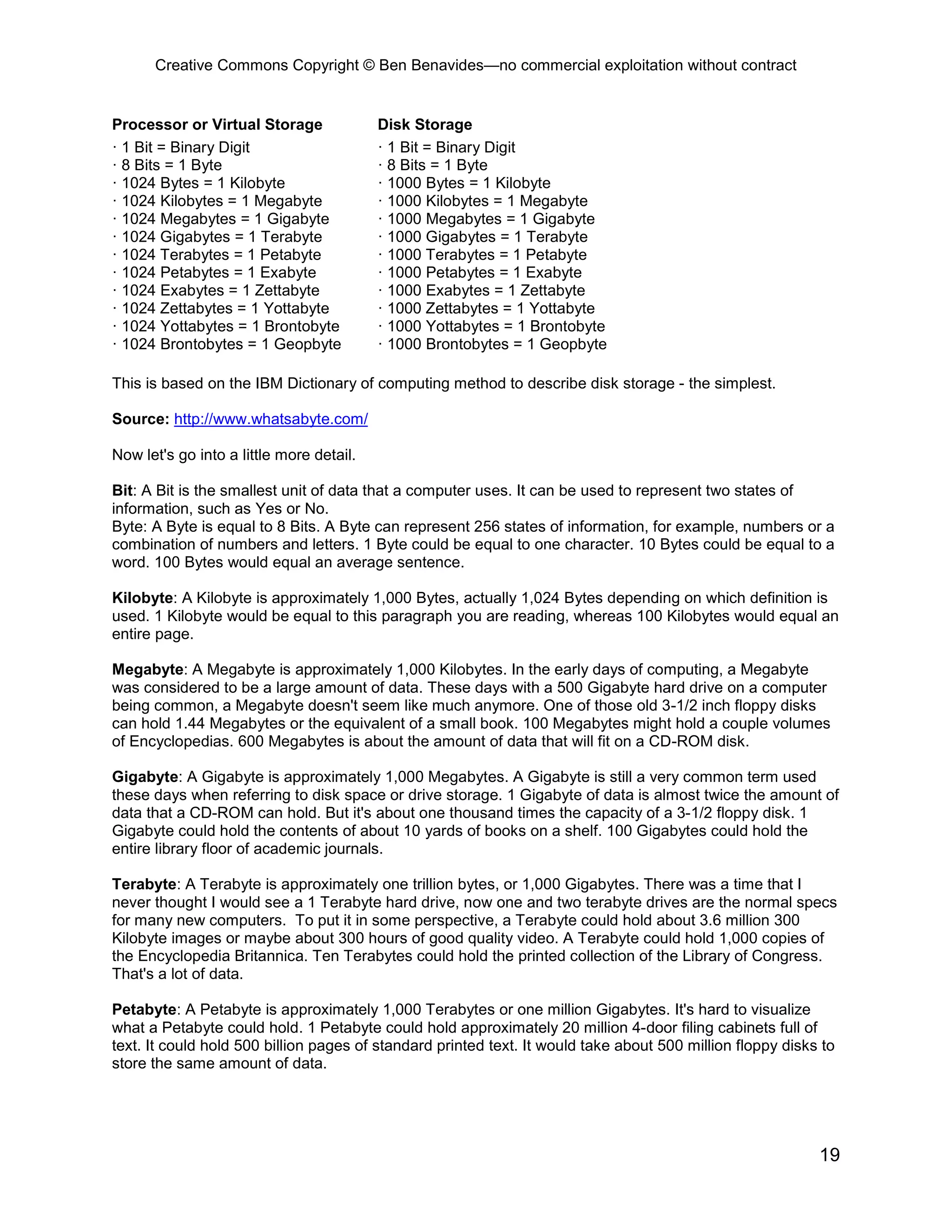 Creative Commons Copyright © Ben Benavides—no commercial exploitation without contract


Processor or Virtual Storage              Disk Storage
· 1 Bit = Binary Digit                    · 1 Bit = Binary Digit
· 8 Bits = 1 Byte                         · 8 Bits = 1 Byte
· 1024 Bytes = 1 Kilobyte                 · 1000 Bytes = 1 Kilobyte
· 1024 Kilobytes = 1 Megabyte             · 1000 Kilobytes = 1 Megabyte
· 1024 Megabytes = 1 Gigabyte             · 1000 Megabytes = 1 Gigabyte
· 1024 Gigabytes = 1 Terabyte             · 1000 Gigabytes = 1 Terabyte
· 1024 Terabytes = 1 Petabyte             · 1000 Terabytes = 1 Petabyte
· 1024 Petabytes = 1 Exabyte              · 1000 Petabytes = 1 Exabyte
· 1024 Exabytes = 1 Zettabyte             · 1000 Exabytes = 1 Zettabyte
· 1024 Zettabytes = 1 Yottabyte           · 1000 Zettabytes = 1 Yottabyte
· 1024 Yottabytes = 1 Brontobyte          · 1000 Yottabytes = 1 Brontobyte
· 1024 Brontobytes = 1 Geopbyte           · 1000 Brontobytes = 1 Geopbyte

This is based on the IBM Dictionary of computing method to describe disk storage - the simplest.

Source: http://www.whatsabyte.com/

Now let's go into a little more detail.

Bit: A Bit is the smallest unit of data that a computer uses. It can be used to represent two states of
information, such as Yes or No.
Byte: A Byte is equal to 8 Bits. A Byte can represent 256 states of information, for example, numbers or a
combination of numbers and letters. 1 Byte could be equal to one character. 10 Bytes could be equal to a
word. 100 Bytes would equal an average sentence.

Kilobyte: A Kilobyte is approximately 1,000 Bytes, actually 1,024 Bytes depending on which definition is
used. 1 Kilobyte would be equal to this paragraph you are reading, whereas 100 Kilobytes would equal an
entire page.

Megabyte: A Megabyte is approximately 1,000 Kilobytes. In the early days of computing, a Megabyte
was considered to be a large amount of data. These days with a 500 Gigabyte hard drive on a computer
being common, a Megabyte doesn't seem like much anymore. One of those old 3-1/2 inch floppy disks
can hold 1.44 Megabytes or the equivalent of a small book. 100 Megabytes might hold a couple volumes
of Encyclopedias. 600 Megabytes is about the amount of data that will fit on a CD-ROM disk.

Gigabyte: A Gigabyte is approximately 1,000 Megabytes. A Gigabyte is still a very common term used
these days when referring to disk space or drive storage. 1 Gigabyte of data is almost twice the amount of
data that a CD-ROM can hold. But it's about one thousand times the capacity of a 3-1/2 floppy disk. 1
Gigabyte could hold the contents of about 10 yards of books on a shelf. 100 Gigabytes could hold the
entire library floor of academic journals.

Terabyte: A Terabyte is approximately one trillion bytes, or 1,000 Gigabytes. There was a time that I
never thought I would see a 1 Terabyte hard drive, now one and two terabyte drives are the normal specs
for many new computers. To put it in some perspective, a Terabyte could hold about 3.6 million 300
Kilobyte images or maybe about 300 hours of good quality video. A Terabyte could hold 1,000 copies of
the Encyclopedia Britannica. Ten Terabytes could hold the printed collection of the Library of Congress.
That's a lot of data.

Petabyte: A Petabyte is approximately 1,000 Terabytes or one million Gigabytes. It's hard to visualize
what a Petabyte could hold. 1 Petabyte could hold approximately 20 million 4-door filing cabinets full of
text. It could hold 500 billion pages of standard printed text. It would take about 500 million floppy disks to
store the same amount of data.




                                                                                                            19
 