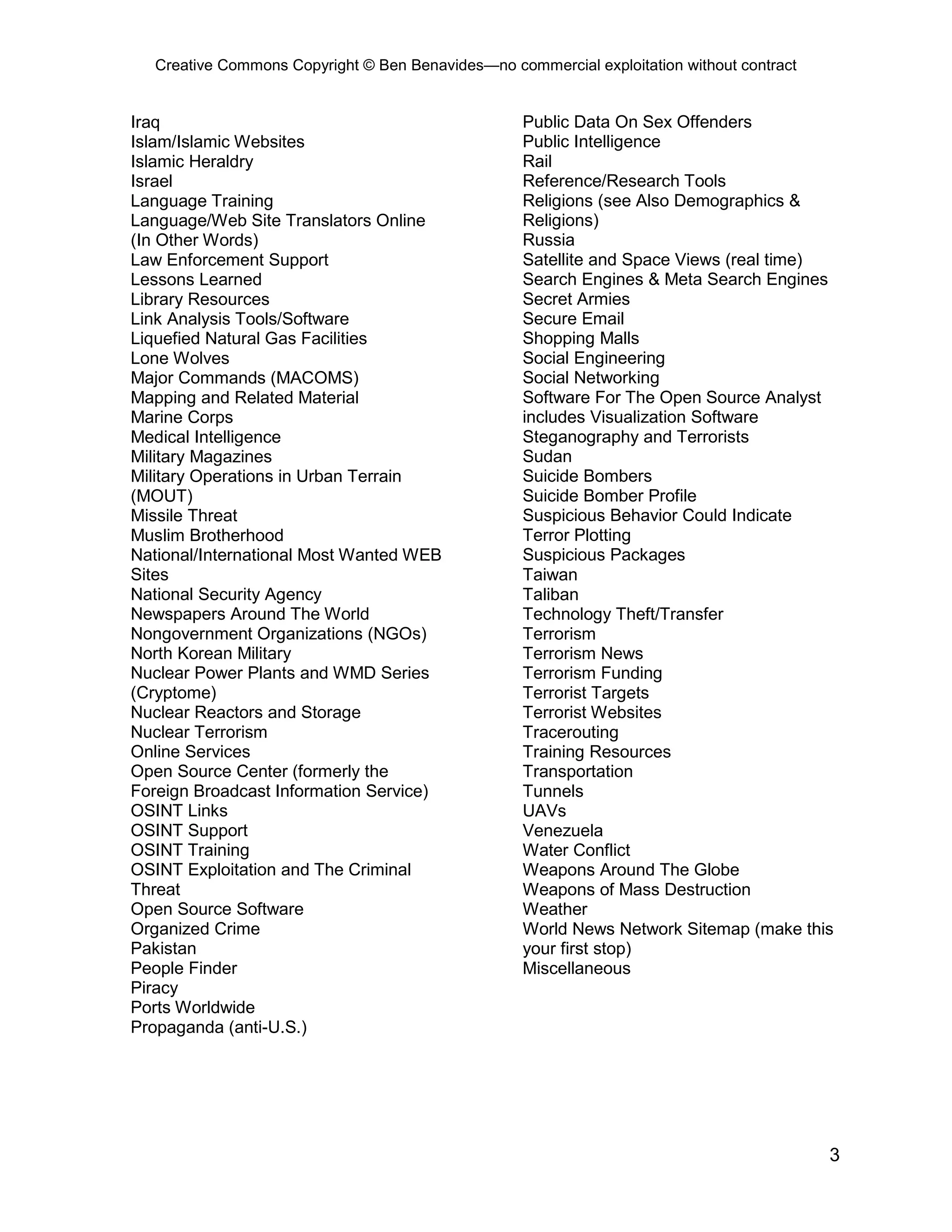 Creative Commons Copyright © Ben Benavides—no commercial exploitation without contract


Iraq                                               Public Data On Sex Offenders
Islam/Islamic Websites                             Public Intelligence
Islamic Heraldry                                   Rail
Israel                                             Reference/Research Tools
Language Training                                  Religions (see Also Demographics &
Language/Web Site Translators Online               Religions)
(In Other Words)                                   Russia
Law Enforcement Support                            Satellite and Space Views (real time)
Lessons Learned                                    Search Engines & Meta Search Engines
Library Resources                                  Secret Armies
Link Analysis Tools/Software                       Secure Email
Liquefied Natural Gas Facilities                   Shopping Malls
Lone Wolves                                        Social Engineering
Major Commands (MACOMS)                            Social Networking
Mapping and Related Material                       Software For The Open Source Analyst
Marine Corps                                       includes Visualization Software
Medical Intelligence                               Steganography and Terrorists
Military Magazines                                 Sudan
Military Operations in Urban Terrain               Suicide Bombers
(MOUT)                                             Suicide Bomber Profile
Missile Threat                                     Suspicious Behavior Could Indicate
Muslim Brotherhood                                 Terror Plotting
National/International Most Wanted WEB             Suspicious Packages
Sites                                              Taiwan
National Security Agency                           Taliban
Newspapers Around The World                        Technology Theft/Transfer
Nongovernment Organizations (NGOs)                 Terrorism
North Korean Military                              Terrorism News
Nuclear Power Plants and WMD Series                Terrorism Funding
(Cryptome)                                         Terrorist Targets
Nuclear Reactors and Storage                       Terrorist Websites
Nuclear Terrorism                                  Tracerouting
Online Services                                    Training Resources
Open Source Center (formerly the                   Transportation
Foreign Broadcast Information Service)             Tunnels
OSINT Links                                        UAVs
OSINT Support                                      Venezuela
OSINT Training                                     Water Conflict
OSINT Exploitation and The Criminal                Weapons Around The Globe
Threat                                             Weapons of Mass Destruction
Open Source Software                               Weather
Organized Crime                                    World News Network Sitemap (make this
Pakistan                                           your first stop)
People Finder                                      Miscellaneous
Piracy
Ports Worldwide
Propaganda (anti-U.S.)




                                                                                           3
 
