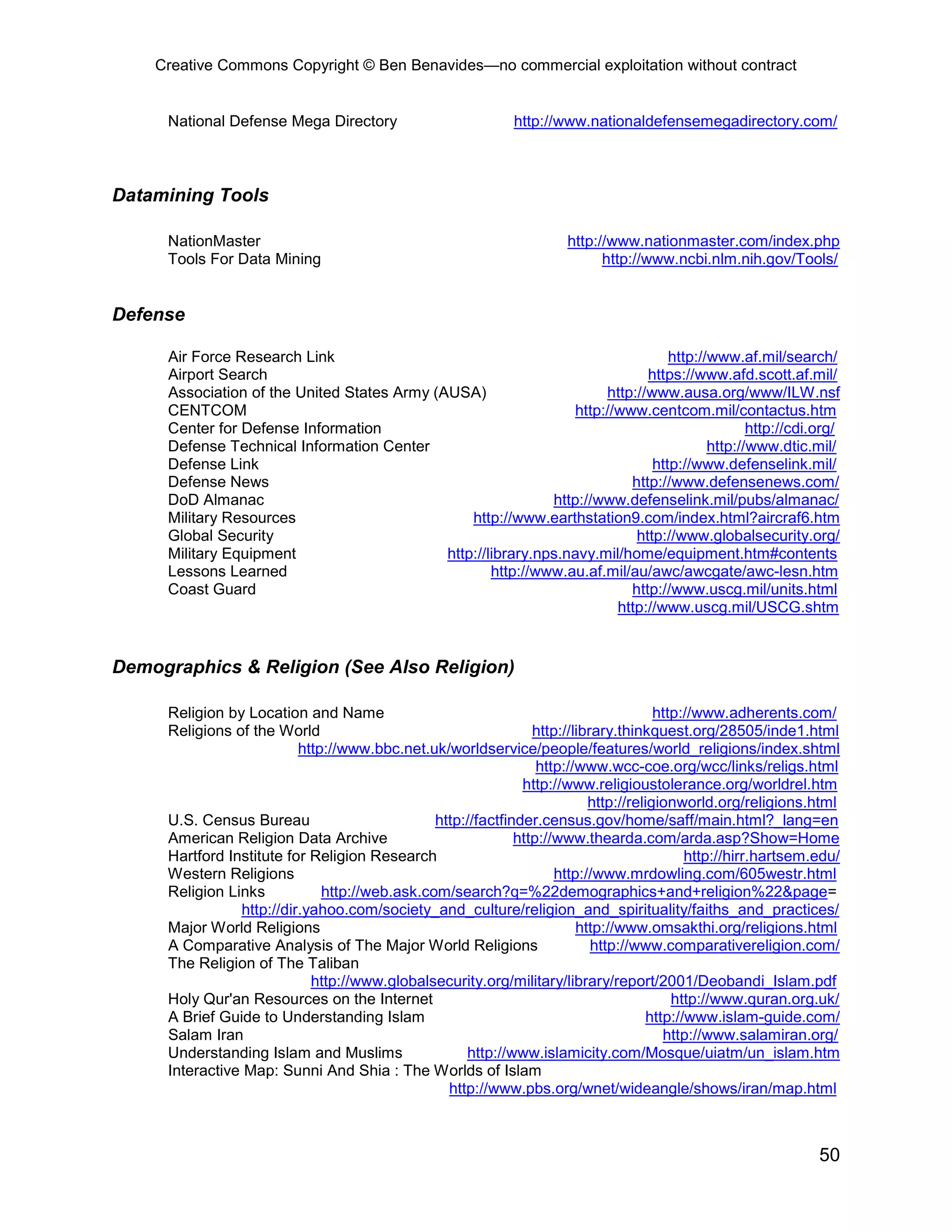 Creative Commons Copyright © Ben Benavides—no commercial exploitation without contract


     National Defense Mega Directory                          http://www.nationaldefensemegadirectory.com/



Datamining Tools

     NationMaster                                                     http://www.nationmaster.com/index.php
     Tools For Data Mining                                                  http://www.ncbi.nlm.nih.gov/Tools/


Defense

     Air Force Research Link                                                      http://www.af.mil/search/
     Airport Search                                                           https://www.afd.scott.af.mil/
     Association of the United States Army (AUSA)                      http://www.ausa.org/www/ILW.nsf
     CENTCOM                                                      http://www.centcom.mil/contactus.htm
     Center for Defense Information                                                             http://cdi.org/
     Defense Technical Information Center                                                http://www.dtic.mil/
     Defense Link                                                              http://www.defenselink.mil/
     Defense News                                                          http://www.defensenews.com/
     DoD Almanac                                              http://www.defenselink.mil/pubs/almanac/
     Military Resources                          http://www.earthstation9.com/index.html?aircraf6.htm
     Global Security                                                        http://www.globalsecurity.org/
     Military Equipment                      http://library.nps.navy.mil/home/equipment.htm#contents
     Lessons Learned                                 http://www.au.af.mil/au/awc/awcgate/awc-lesn.htm
     Coast Guard                                                           http://www.uscg.mil/units.html
                                                                         http://www.uscg.mil/USCG.shtm


Demographics & Religion (See Also Religion)

     Religion by Location and Name                                                    http://www.adherents.com/
     Religions of the World                                     http://library.thinkquest.org/28505/inde1.html
                          http://www.bbc.net.uk/worldservice/people/features/world_religions/index.shtml
                                                                 http://www.wcc-coe.org/wcc/links/religs.html
                                                              http://www.religioustolerance.org/worldrel.htm
                                                                          http://religionworld.org/religions.html
     U.S. Census Bureau                        http://factfinder.census.gov/home/saff/main.html?_lang=en
     American Religion Data Archive                          http://www.thearda.com/arda.asp?Show=Home
     Hartford Institute for Religion Research                                               http://hirr.hartsem.edu/
     Western Religions                                              http://www.mrdowling.com/605westr.html
     Religion Links           http://web.ask.com/search?q=%22demographics+and+religion%22&page=
                http://dir.yahoo.com/society_and_culture/religion_and_spirituality/faiths_and_practices/
     Major World Religions                                              http://www.omsakthi.org/religions.html
     A Comparative Analysis of The Major World Religions                   http://www.comparativereligion.com/
     The Religion of The Taliban
                            http://www.globalsecurity.org/military/library/report/2001/Deobandi_Islam.pdf
     Holy Qur'an Resources on the Internet                                               http://www.quran.org.uk/
     A Brief Guide to Understanding Islam                                            http://www.islam-guide.com/
     Salam Iran                                                                         http://www.salamiran.org/
     Understanding Islam and Muslims                http://www.islamicity.com/Mosque/uiatm/un_islam.htm
     Interactive Map: Sunni And Shia : The Worlds of Islam
                                                 http://www.pbs.org/wnet/wideangle/shows/iran/map.html



                                                                                                                50
 