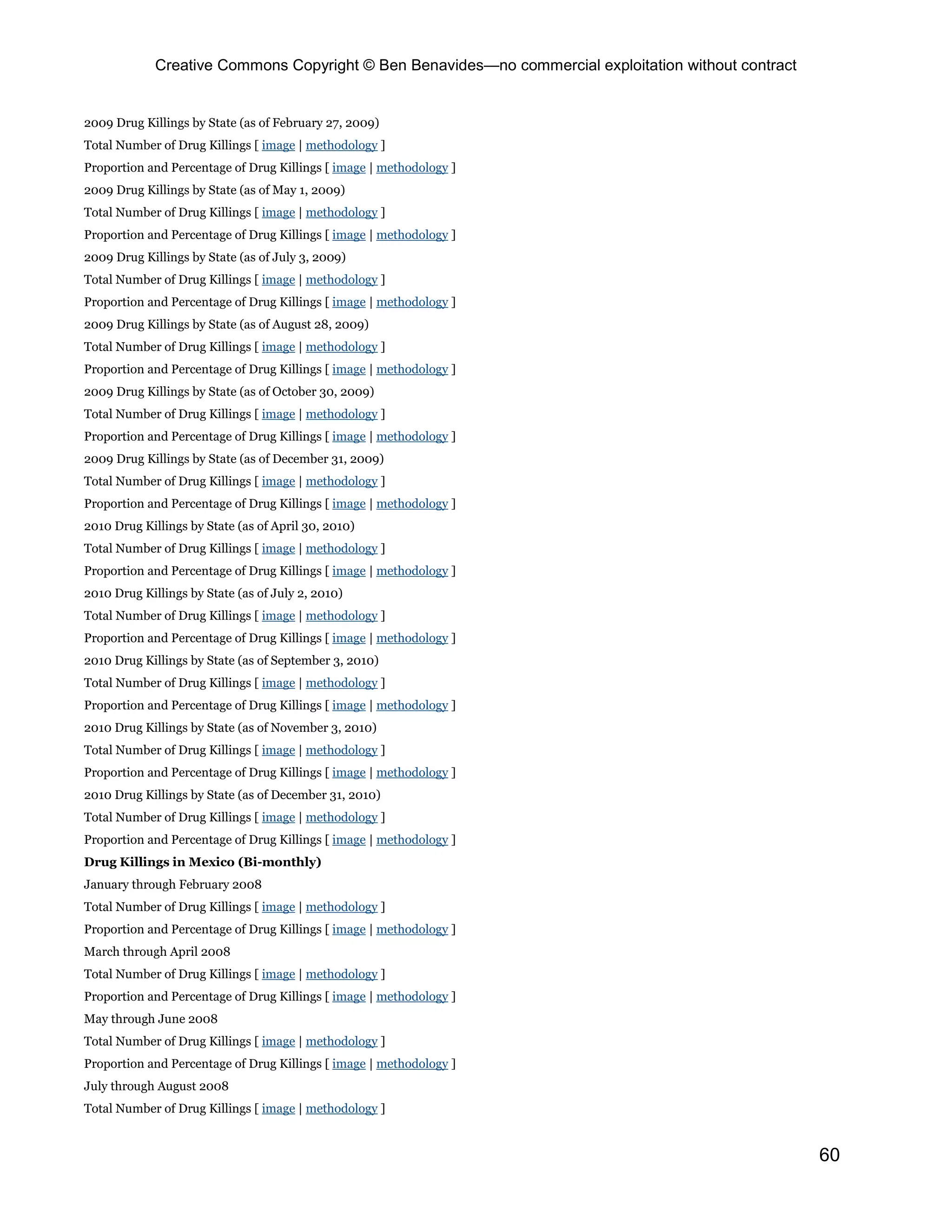 Creative Commons Copyright © Ben Benavides—no commercial exploitation without contract


2009 Drug Killings by State (as of February 27, 2009)
Total Number of Drug Killings [ image | methodology ]
Proportion and Percentage of Drug Killings [ image | methodology ]
2009 Drug Killings by State (as of May 1, 2009)
Total Number of Drug Killings [ image | methodology ]
Proportion and Percentage of Drug Killings [ image | methodology ]
2009 Drug Killings by State (as of July 3, 2009)
Total Number of Drug Killings [ image | methodology ]
Proportion and Percentage of Drug Killings [ image | methodology ]
2009 Drug Killings by State (as of August 28, 2009)
Total Number of Drug Killings [ image | methodology ]
Proportion and Percentage of Drug Killings [ image | methodology ]
2009 Drug Killings by State (as of October 30, 2009)
Total Number of Drug Killings [ image | methodology ]
Proportion and Percentage of Drug Killings [ image | methodology ]
2009 Drug Killings by State (as of December 31, 2009)
Total Number of Drug Killings [ image | methodology ]
Proportion and Percentage of Drug Killings [ image | methodology ]
2010 Drug Killings by State (as of April 30, 2010)
Total Number of Drug Killings [ image | methodology ]
Proportion and Percentage of Drug Killings [ image | methodology ]
2010 Drug Killings by State (as of July 2, 2010)
Total Number of Drug Killings [ image | methodology ]
Proportion and Percentage of Drug Killings [ image | methodology ]
2010 Drug Killings by State (as of September 3, 2010)
Total Number of Drug Killings [ image | methodology ]
Proportion and Percentage of Drug Killings [ image | methodology ]
2010 Drug Killings by State (as of November 3, 2010)
Total Number of Drug Killings [ image | methodology ]
Proportion and Percentage of Drug Killings [ image | methodology ]
2010 Drug Killings by State (as of December 31, 2010)
Total Number of Drug Killings [ image | methodology ]
Proportion and Percentage of Drug Killings [ image | methodology ]
Drug Killings in Mexico (Bi-monthly)
January through February 2008
Total Number of Drug Killings [ image | methodology ]
Proportion and Percentage of Drug Killings [ image | methodology ]
March through April 2008
Total Number of Drug Killings [ image | methodology ]
Proportion and Percentage of Drug Killings [ image | methodology ]
May through June 2008
Total Number of Drug Killings [ image | methodology ]
Proportion and Percentage of Drug Killings [ image | methodology ]
July through August 2008
Total Number of Drug Killings [ image | methodology ]


                                                                                                      60
 