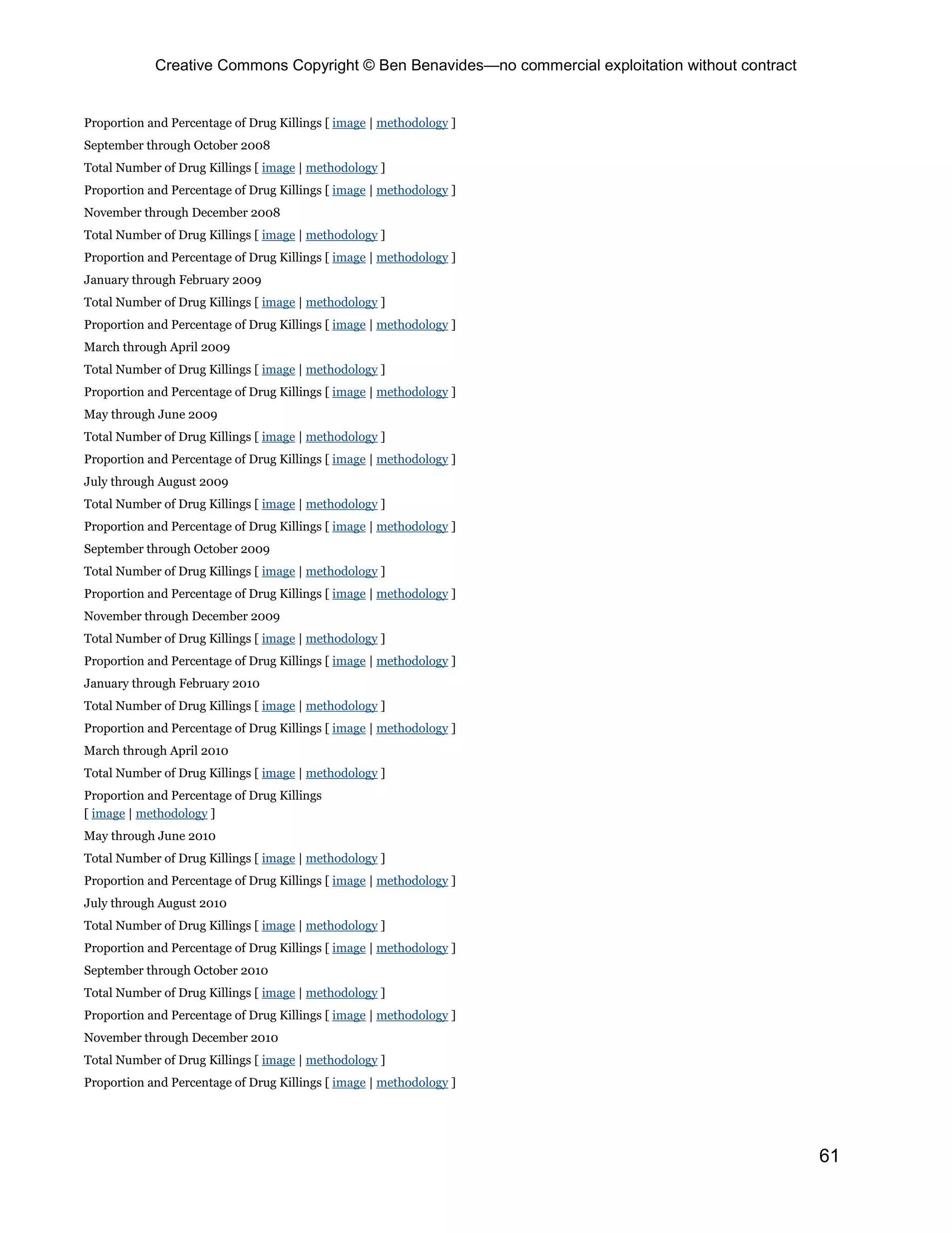 Creative Commons Copyright © Ben Benavides—no commercial exploitation without contract


Proportion and Percentage of Drug Killings [ image | methodology ]
September through October 2008
Total Number of Drug Killings [ image | methodology ]
Proportion and Percentage of Drug Killings [ image | methodology ]
November through December 2008
Total Number of Drug Killings [ image | methodology ]
Proportion and Percentage of Drug Killings [ image | methodology ]
January through February 2009
Total Number of Drug Killings [ image | methodology ]
Proportion and Percentage of Drug Killings [ image | methodology ]
March through April 2009
Total Number of Drug Killings [ image | methodology ]
Proportion and Percentage of Drug Killings [ image | methodology ]
May through June 2009
Total Number of Drug Killings [ image | methodology ]
Proportion and Percentage of Drug Killings [ image | methodology ]
July through August 2009
Total Number of Drug Killings [ image | methodology ]
Proportion and Percentage of Drug Killings [ image | methodology ]
September through October 2009
Total Number of Drug Killings [ image | methodology ]
Proportion and Percentage of Drug Killings [ image | methodology ]
November through December 2009
Total Number of Drug Killings [ image | methodology ]
Proportion and Percentage of Drug Killings [ image | methodology ]
January through February 2010
Total Number of Drug Killings [ image | methodology ]
Proportion and Percentage of Drug Killings [ image | methodology ]
March through April 2010
Total Number of Drug Killings [ image | methodology ]
Proportion and Percentage of Drug Killings
[ image | methodology ]
May through June 2010
Total Number of Drug Killings [ image | methodology ]
Proportion and Percentage of Drug Killings [ image | methodology ]
July through August 2010
Total Number of Drug Killings [ image | methodology ]
Proportion and Percentage of Drug Killings [ image | methodology ]
September through October 2010
Total Number of Drug Killings [ image | methodology ]
Proportion and Percentage of Drug Killings [ image | methodology ]
November through December 2010
Total Number of Drug Killings [ image | methodology ]
Proportion and Percentage of Drug Killings [ image | methodology ]




                                                                                                     61
 