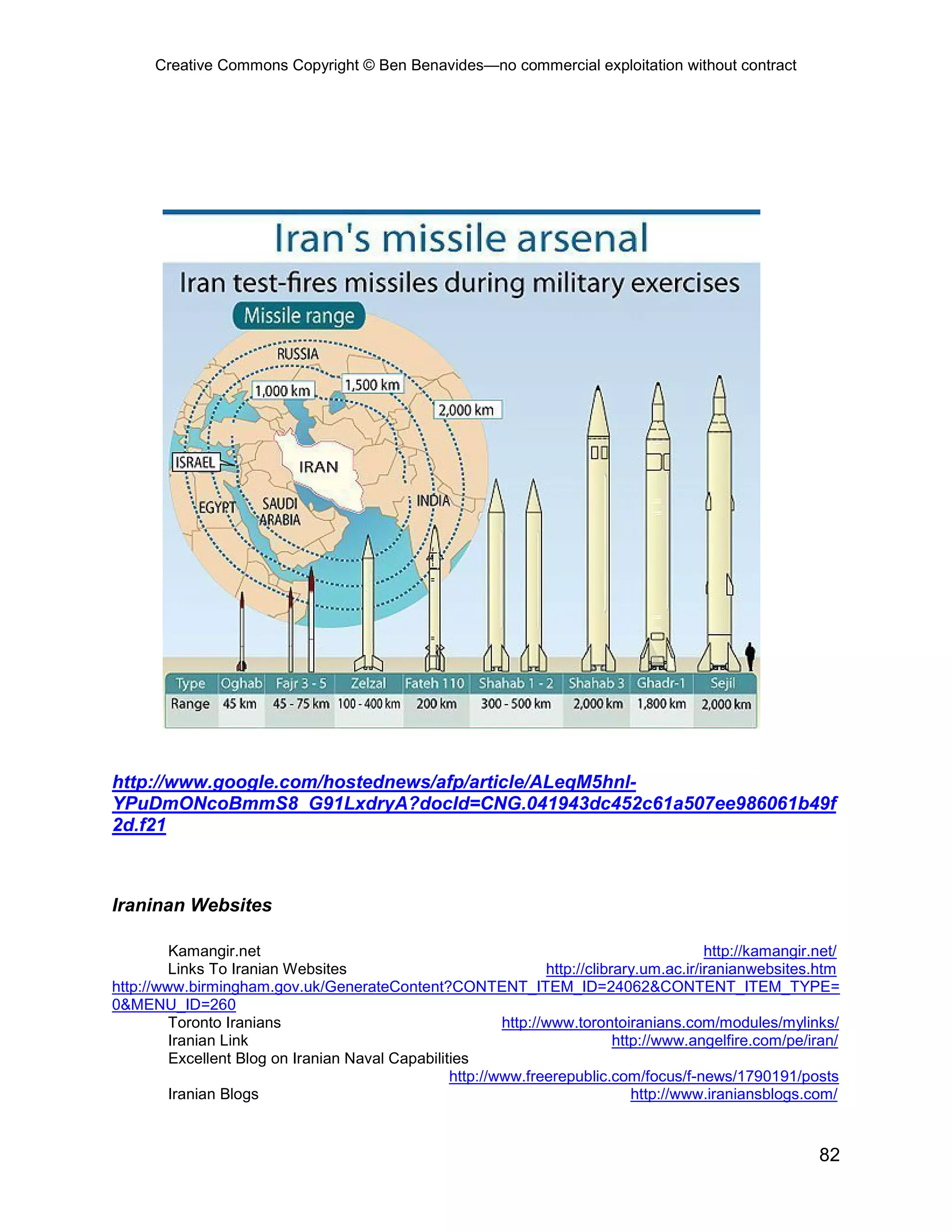 Creative Commons Copyright © Ben Benavides—no commercial exploitation without contract




http://www.google.com/hostednews/afp/article/ALeqM5hnl-
YPuDmONcoBmmS8_G91LxdryA?docId=CNG.041943dc452c61a507ee986061b49f
2d.f21



Iraninan Websites

         Kamangir.net                                                                      http://kamangir.net/
         Links To Iranian Websites                               http://clibrary.um.ac.ir/iranianwebsites.htm
http://www.birmingham.gov.uk/GenerateContent?CONTENT_ITEM_ID=24062&CONTENT_ITEM_TYPE=
0&MENU_ID=260
         Toronto Iranians                                 http://www.torontoiranians.com/modules/mylinks/
         Iranian Link                                                        http://www.angelfire.com/pe/iran/
         Excellent Blog on Iranian Naval Capabilities
                                                  http://www.freerepublic.com/focus/f-news/1790191/posts
         Iranian Blogs                                                          http://www.iraniansblogs.com/



                                                                                                           82
 