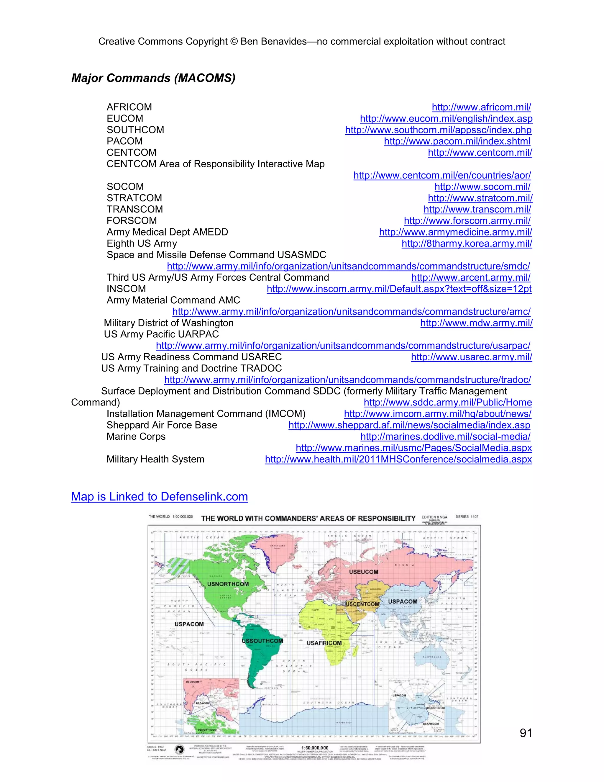 Creative Commons Copyright © Ben Benavides—no commercial exploitation without contract


Major Commands (MACOMS)

        AFRICOM                                                                         http://www.africom.mil/
        EUCOM                                                         http://www.eucom.mil/english/index.asp
        SOUTHCOM                                                  http://www.southcom.mil/appssc/index.php
        PACOM                                                                http://www.pacom.mil/index.shtml
        CENTCOM                                                                        http://www.centcom.mil/
        CENTCOM Area of Responsibility Interactive Map
                                                                   http://www.centcom.mil/en/countries/aor/
     SOCOM                                                                                http://www.socom.mil/
     STRATCOM                                                                           http://www.stratcom.mil/
     TRANSCOM                                                                         http://www.transcom.mil/
     FORSCOM                                                                     http://www.forscom.army.mil/
     Army Medical Dept AMEDD                                              http://www.armymedicine.army.mil/
     Eighth US Army                                                             http://8tharmy.korea.army.mil/
     Space and Missile Defense Command USASMDC
                      http://www.army.mil/info/organization/unitsandcommands/commandstructure/smdc/
     Third US Army/US Army Forces Central Command                                  http://www.arcent.army.mil/
     INSCOM                                  http://www.inscom.army.mil/Default.aspx?text=off&size=12pt
     Army Material Command AMC
                       http://www.army.mil/info/organization/unitsandcommands/commandstructure/amc/
     Military District of Washington                                                 http://www.mdw.army.mil/
     US Army Pacific UARPAC
                  http://www.army.mil/info/organization/unitsandcommands/commandstructure/usarpac/
    US Army Readiness Command USAREC                                               http://www.usarec.army.mil/
    US Army Training and Doctrine TRADOC
                     http://www.army.mil/info/organization/unitsandcommands/commandstructure/tradoc/
    Surface Deployment and Distribution Command SDDC (formerly Military Traffic Management
Command)                                                              http://www.sddc.army.mil/Public/Home
     Installation Management Command (IMCOM)                     http://www.imcom.army.mil/hq/about/news/
     Sheppard Air Force Base                        http://www.sheppard.af.mil/news/socialmedia/index.asp
     Marine Corps                                                    http://marines.dodlive.mil/social-media/
                                                      http://www.marines.mil/usmc/Pages/SocialMedia.aspx
     Military Health System                  http://www.health.mil/2011MHSConference/socialmedia.aspx


Map is Linked to Defenselink.com




                                                                                                            91
 