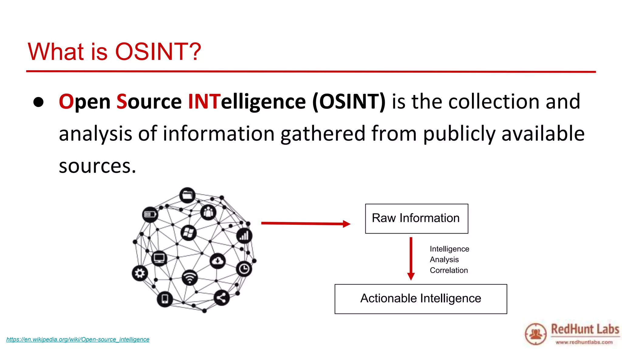 What is OSINT?
● Open Source INTelligence (OSINT) is the collection and
analysis of information gathered from publicly available
sources.
Intelligence
Analysis
Correlation
Raw Information
Actionable Intelligence
https://en.wikipedia.org/wiki/Open-source_intelligence
 