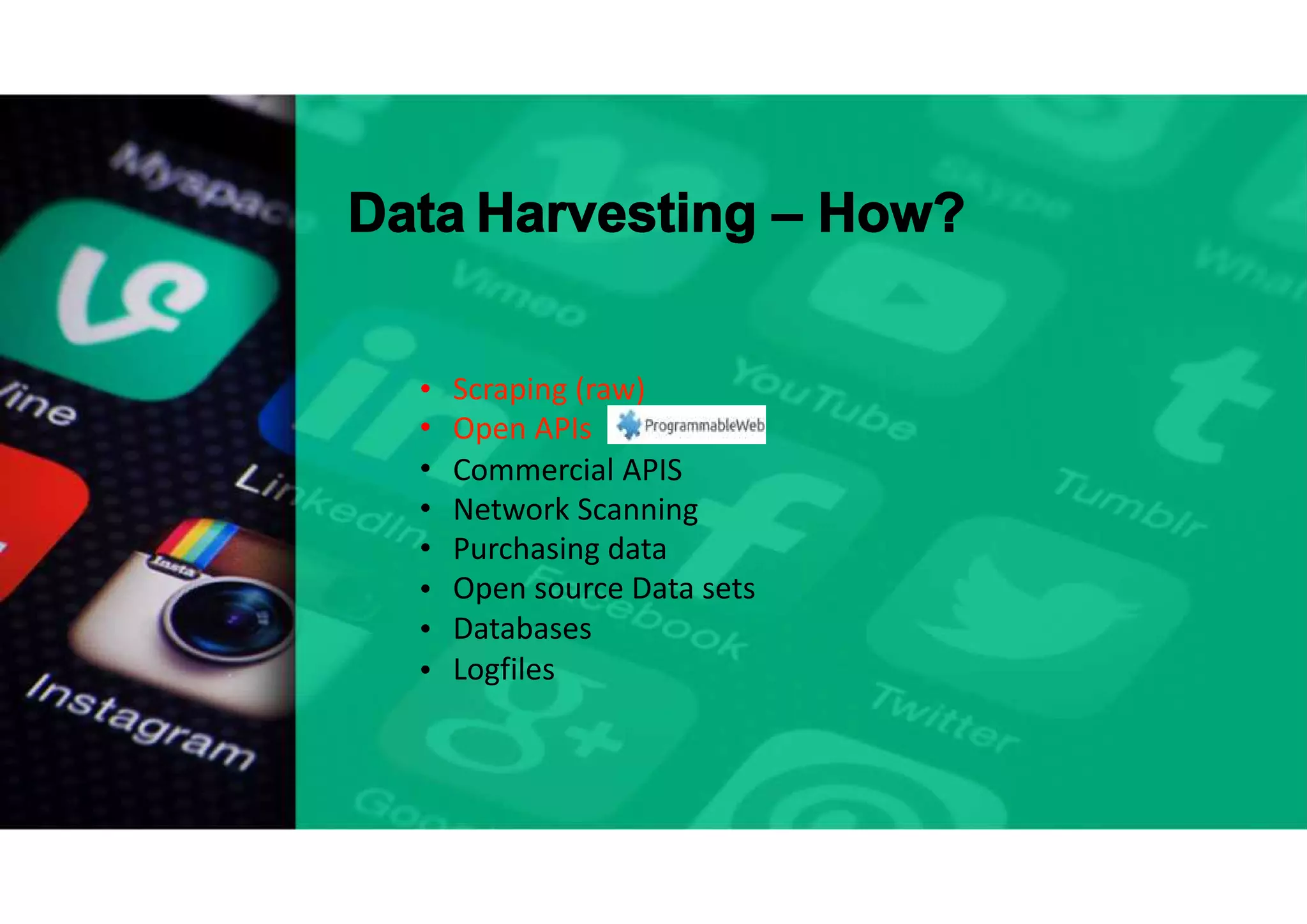 Data Harvesting – How?
•
•
•
•
•
•
•
•
Scraping (raw)
Open APIs
Commercial APIS
Network Scanning
Purchasing data
Open source Data sets
Databases
Logfiles
 