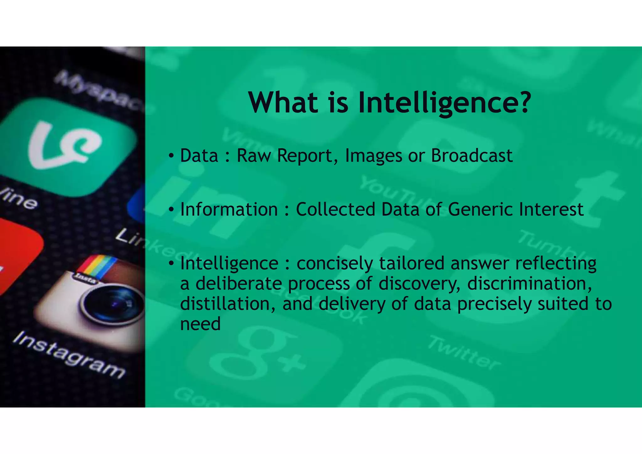What is Intelligence?
• Data : Raw Report, Images or Broadcast
• Information : Collected Data of Generic Interest
• Intelligence : concisely tailored answer reflecting
a deliberate process of discovery, discrimination,
distillation, and delivery of data precisely suited to
need
 