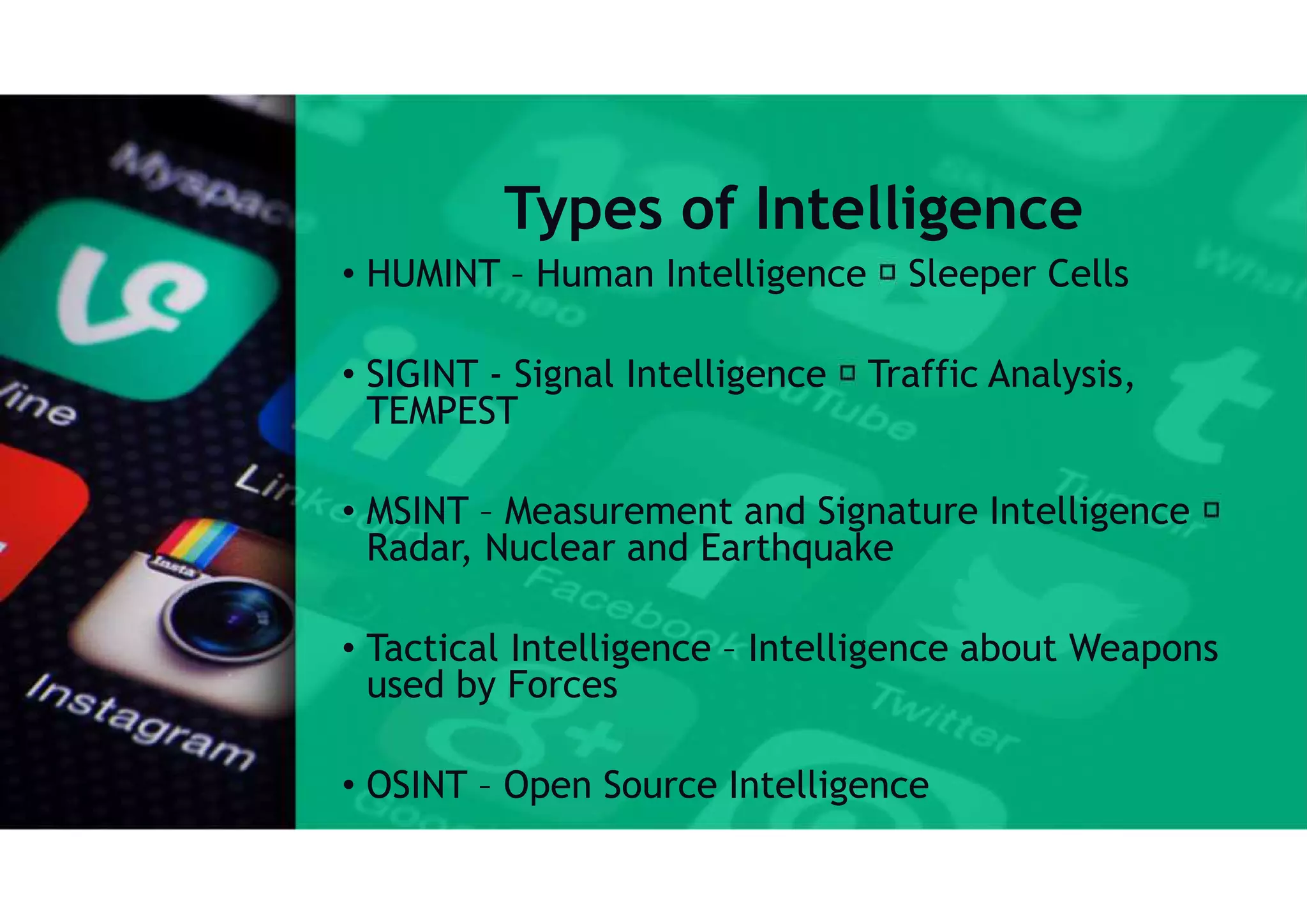 Types of Intelligence
• HUMINT – Human Intelligence Sleeper Cells
• SIGINT - Signal Intelligence Traffic Analysis,
TEMPEST
• MSINT – Measurement and Signature Intelligence
Radar, Nuclear and Earthquake
• Tactical Intelligence – Intelligence about Weapons
used by Forces
• OSINT – Open Source Intelligence
 