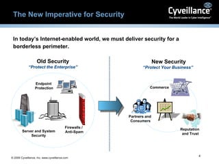 The New Imperative for Security In today’s Internet-enabled world, we must deliver security for a borderless perimeter. Endpoint  Protection Firewalls /  Anti-Spam Server and System Security Partners and  Consumers Commerce Reputation  and Trust Old Security “ Protect the Enterprise” New Security “ Protect Your Business” 