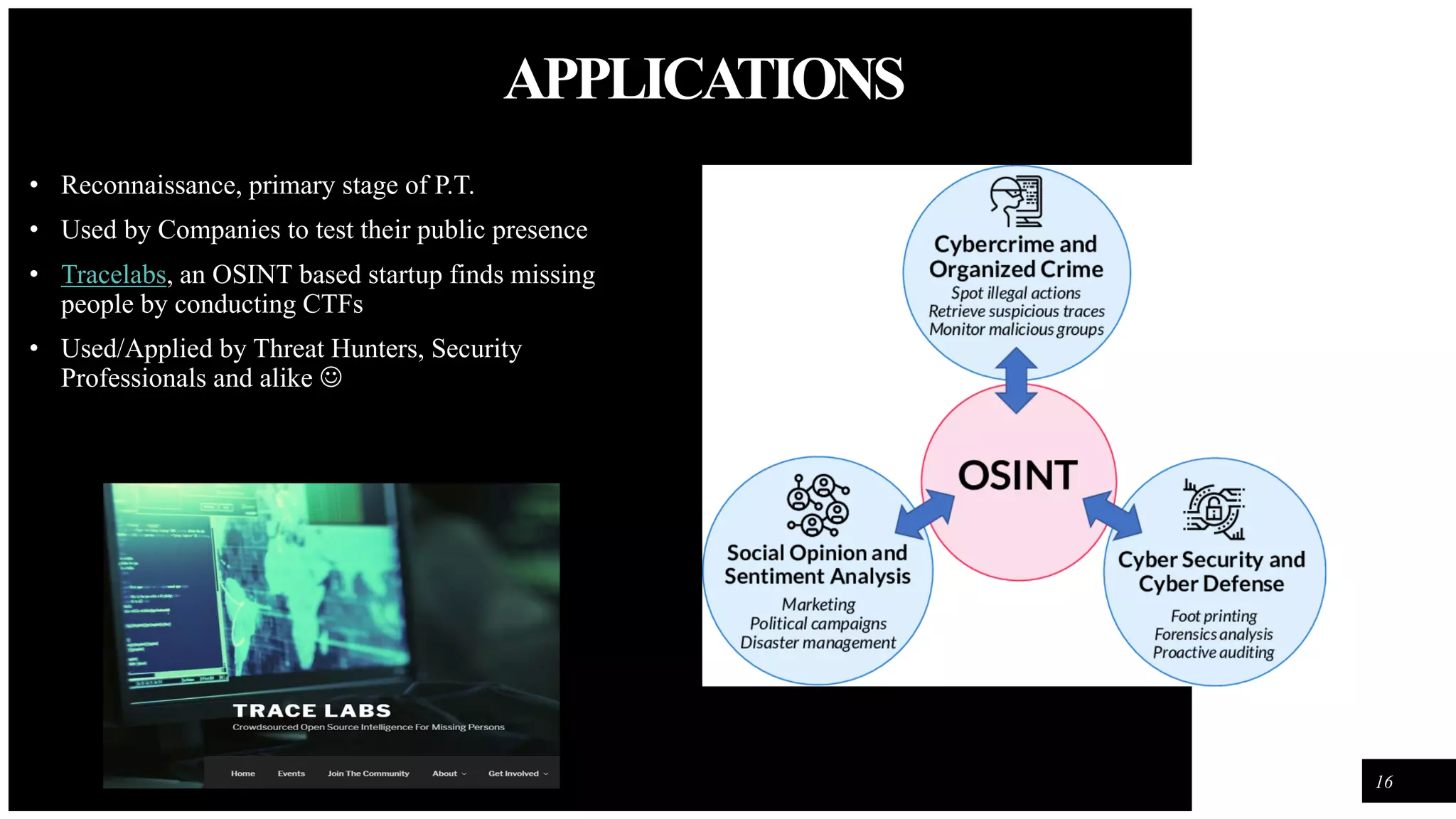 FIRSTUP
CONSULTANTS
APPLICATIONS
16
• Reconnaissance, primary stage of P.T.
• Used by Companies to test their public presence
• Tracelabs, an OSINT based startup finds missing
people by conducting CTFs
• Used/Applied by Threat Hunters, Security
Professionals and alike 
 