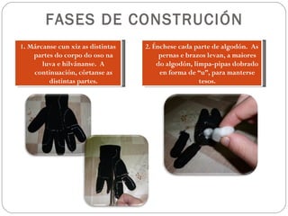 FASES DE CONSTRUCIÓN
1. Márcanse cun xiz as distintas   2. Énchese cada parte de algodón. As
    partes do corpo do oso na           pernas e brazos levan, a maiores
       luva e hilvánanse. A            do algodón, limpa-pipas dobrado
    continuación, córtanse as           en forma de “u”, para manterse
         distintas partes.                           tesos.
 