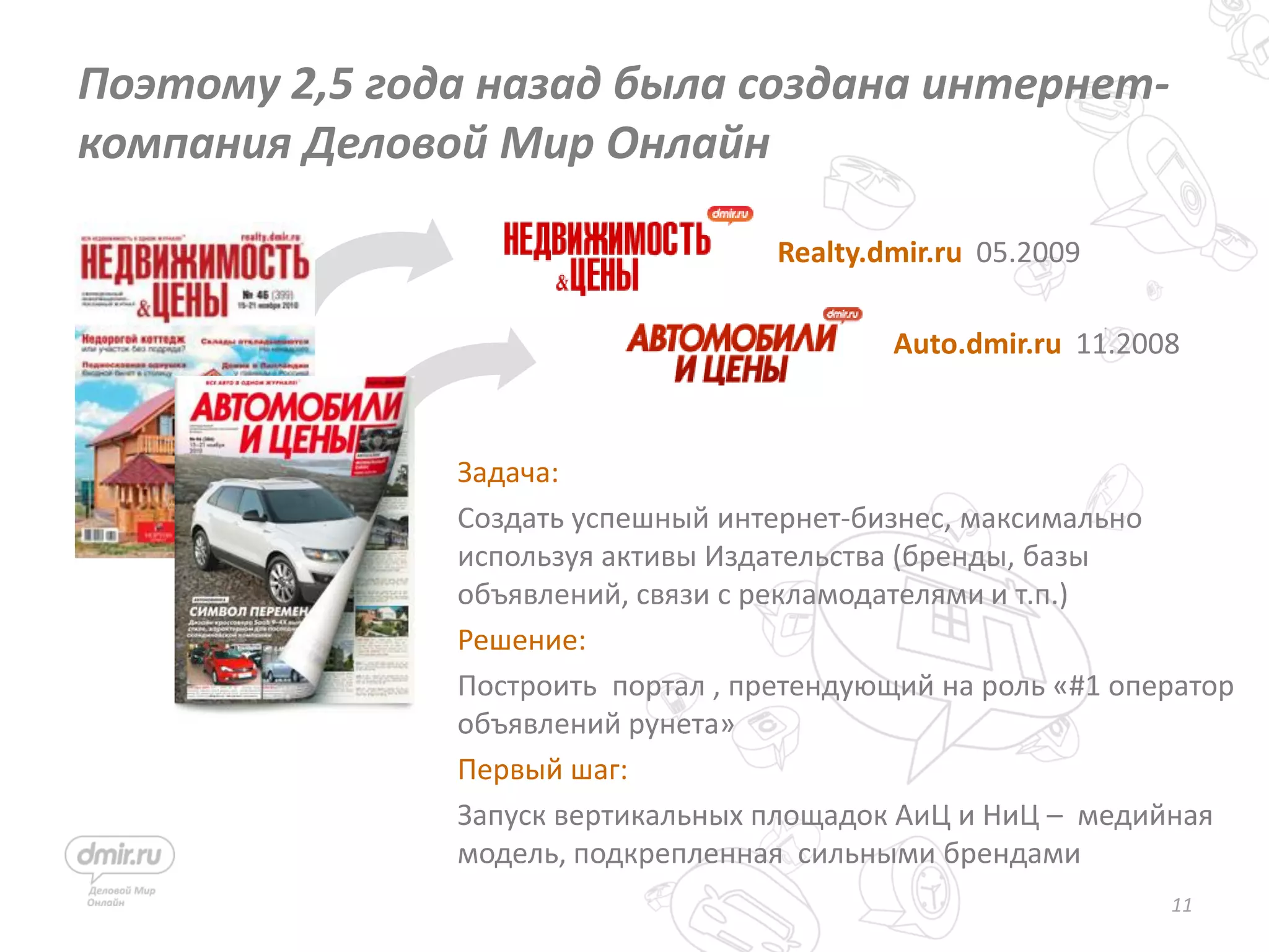 11
Поэтому 2,5 года назад была создана интернет-
компания Деловой Мир Онлайн
Задача:
Создать успешный интернет-бизнес, максимально
используя активы Издательства (бренды, базы
объявлений, связи с рекламодателями и т.п.)
Решение:
Построить портал , претендующий на роль «#1 оператор
объявлений рунета»
Первый шаг:
Запуск вертикальных площадок АиЦ и НиЦ – медийная
модель, подкрепленная сильными брендами
Realty.dmir.ru 05.2009
Auto.dmir.ru 11.2008
 