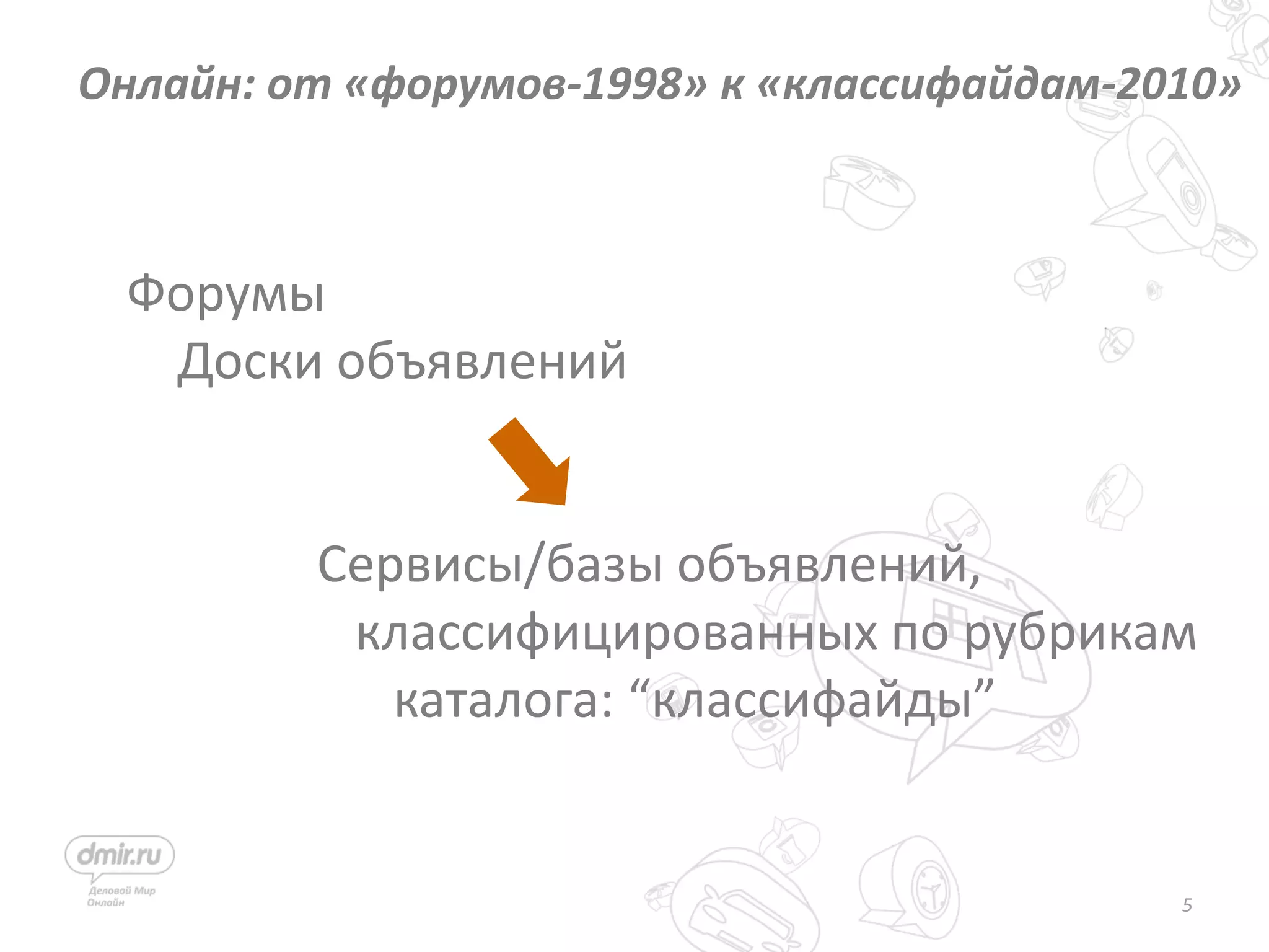 5
Онлайн: от «форумов-1998» к «классифайдам-2010»
Форумы
Доски объявлений
Cервисы/базы объявлений,
классифицированных по рубрикам
каталога: “классифайды”
 