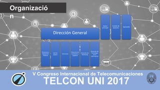 TELCON UNI 2017
V Congreso Internacional de Telecomunicaciones
Organizació
n
Dirección General
Ponencias y
Relaciones
Públicas
Call for
papers
Concursos
Dirección de
Economía y
Logística
Dirección de
Marketing
Dirección de
Tecnología
de la
Información
Asesor
principal
Comité de
asesores
Egresados
 