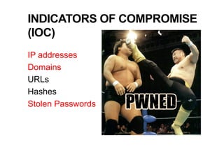 INDICATORS OF COMPROMISE
(IOC)
IP addresses
Domains
URLs
Hashes
Stolen Passwords
 