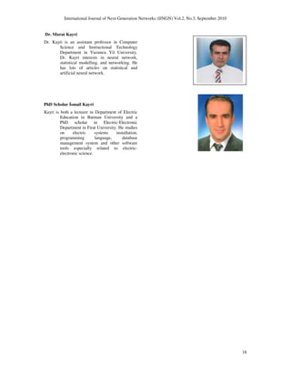 International Journal of Next-Generation Networks (IJNGN) Vol.2, No.3, September 2010

Dr. Murat Kayri
Dr. Kayri is an assistant professor in Computer
Science and Instructional Technology
Department in Yuzuncu Yil University.
Dr. Kayri interests in neural network,
statistical modelling, and networking. He
has lots of articles on statistical and
artificial neural network.

PhD Scholar smail Kayri
Kayri is both a lecturer in Department of Electric
Education in Batman University and a
PhD scholar in Electric-Electronic
Department in Firat University. He studies
on
electric
systems
installation,
programming
language,
database
management system and other software
tools especially related to electricelectronic science.

18

 