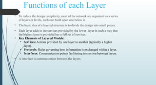 • To reduce the design complexity, most of the network are organized as a series
of layers or levels, each one build upon one below it.
• The basic idea of a layered structure is to divide the design into small pieces.
• Each layer adds to the services provided by the lower layer in such a way that
the highest layer is provided has a full set of services.
• Key Elements of Layered Models:
• Services: Actions provided by one layer to another (typically a higher
layer).
• Protocols: Rules governing how information is exchanged within a layer.
• Interfaces: Communication points facilitating interaction between layers.
• A Interface is communication between the layers.
Functions of each Layer
 