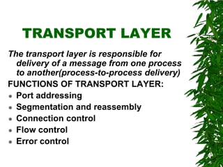TRANSPORT LAYER
The transport layer is responsible for
delivery of a message from one process
to another(process-to-process delivery)
FUNCTIONS OF TRANSPORT LAYER:
 Port addressing
 Segmentation and reassembly
 Connection control
 Flow control
 Error control
 