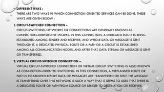 • DIFFERENT WAYS :
THERE ARE TWO WAYS IN WHICH CONNECTION-ORIENTED SERVICES CAN BE DONE. THESE
WAYS ARE GIVEN BELOW :
1.CIRCUIT-SWITCHED CONNECTION –
CIRCUIT-SWITCHING NETWORKS OR CONNECTIONS ARE GENERALLY KNOWN AS
CONNECTION-ORIENTED NETWORKS. IN THIS CONNECTION, A DEDICATED ROUTE IS BEING
ESTABLISHED AMONG SENDER AND RECEIVER, AND WHOLE DATA OR MESSAGE IS SENT
THROUGH IT. A DEDICATED PHYSICAL ROUTE OR A PATH OR A CIRCUIT IS ESTABLISHED
AMONG ALL COMMUNICATION NODES, AND AFTER THAT, DATA STREAM OR MESSAGE IS SENT
OR TRANSFERRED.
2.VIRTUAL CIRCUIT-SWITCHED CONNECTION –
VIRTUAL CIRCUIT-SWITCHED CONNECTION OR VIRTUAL CIRCUIT SWITCHING IS ALSO KNOWN
AS CONNECTION-ORIENTED SWITCHING. IN THIS CONNECTION, A PREPLANNED ROUTE OR
PATH IS ESTABLISHED BEFORE DATA OR MESSAGES ARE TRANSFERRED OR SENT. THE MESSAGE
IS TRANSFERRED OVER THIS NETWORK IS SUCH A WAY THAT IT SEEMS TO USER THAT THERE IS
A DEDICATED ROUTE OR PATH FROM SOURCE OR SENDER TO DESTINATION OR RECEIVER.
 
