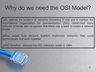Why do we need the OSI Model?
To address the problem of networks increasing in size and in number, the
International Organization for Standardization (ISO) researched many
network schemes and recognized that there was a need to create a network
model

This would help network builders implement networks that could
communicate and work together

ISO therefore, released the OSI reference model in 1984.




                                                                     2
 
