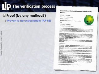 F.Kordon-UniversitéP.&M.Curie-CC2016
The verification process
Proof (by any method?)
Proven to be undecidable [FLP 85]
6
 