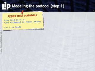 F.Kordon-UniversitéP.&M.Curie-CC2016
Modeling the protocol (step 1)
7
Types and variables
type tsid is 0..L;
type tsidxtsid is <tsid, tsid>;
var i in tsid;
 