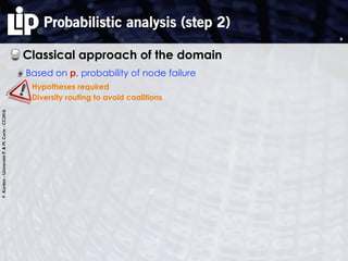 F.Kordon-UniversitéP.&M.Curie-CC2016
Probabilistic analysis (step 2)
Classical approach of the domain
Based on p, probability of node failure
‣ Hypotheses required
‣ Diversity routing to avoid coalitions
9
 