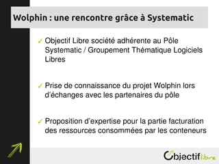  Objectif Libre société adhérente au Pôle 
Systematic / Groupement Thématique Logiciels 
Libres
 Prise de connaissance du projet Wolphin lors 
d’échanges avec les partenaires du pôle
 Proposition d’expertise pour la partie facturation 
des ressources consommées par les conteneurs
Wolphin : une rencontre grâce à Systematic
 