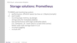 Alter Way
Storage solutions: Prometheus
TS DBMS and monitoring system
+ performance, efficient space (as low as 1.3bytes/sample)
+/- pull model
- no string type metrics, by design
strings only for metadata (labels)
- low performance with high cardinality labels
(i.e. container_id - each value is a new time series)
better with new storage layer in 2.0
- no event logging
- no bulk API
OSIS Cloud - présentation Wolphin
Jun. 2018 OSIS CloudP. 2
 