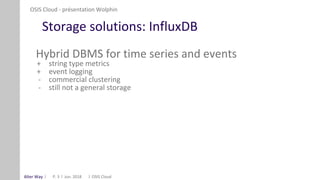 Alter Way
Storage solutions: InfluxDB
Hybrid DBMS for time series and events
+ string type metrics
+ event logging
- commercial clustering
- still not a general storage
OSIS Cloud - présentation Wolphin
Jun. 2018 OSIS CloudP. 3
 