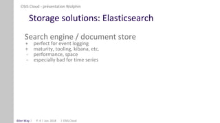 Alter Way
Storage solutions: Elasticsearch
Search engine / document store
+ perfect for event logging
+ maturity, tooling, kibana, etc.
- performance, space
- especially bad for time series
OSIS Cloud - présentation Wolphin
Jun. 2018 OSIS CloudP. 4
 