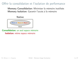 Oﬀrir la consolidation et l’isolation de performance
Memory Consolidation: Minimiser la mémoire inutilisée
Memory Isolation: Garantir l’accès à la mémoire
Native
Host
Mem A Mem B Mem C
Consolidation: un seul espace mémoire
Isolation: même espace mémoire
M. Bittan / J. Sopena MUsE - Memory Usage Evaluation 1 / 7
 