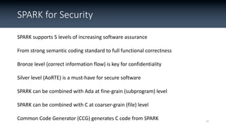 SPARK for Security
14
SPARK supports 5 levels of increasing software assurance
From strong semantic coding standard to ful...