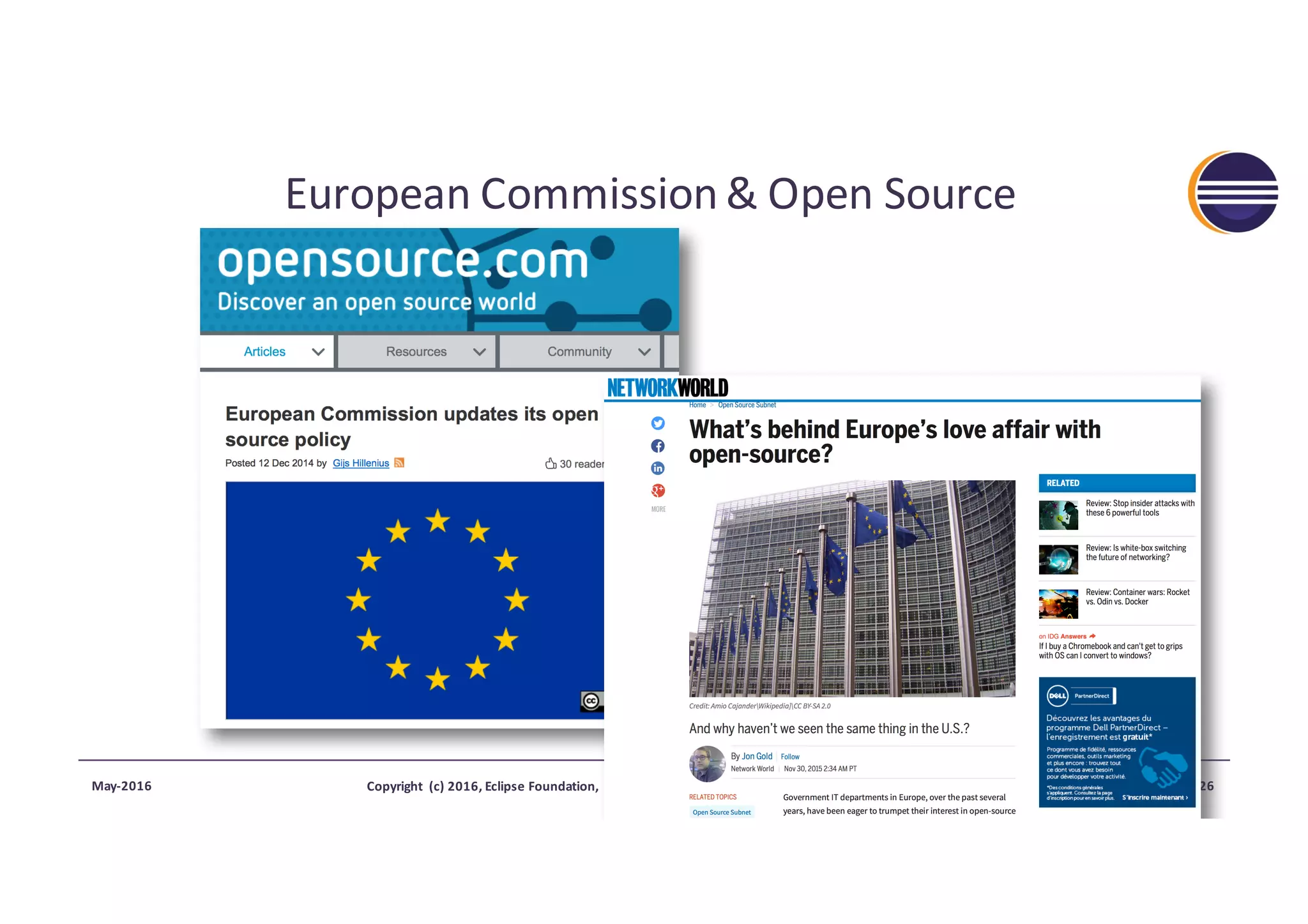 European	Commission	&	Open	Source
May-2016 Copyright	 (c)	2016,	Eclipse	Foundation,	 Inc.	Made	available	 under	the	Eclipse	Public	License	1.0 26
 
