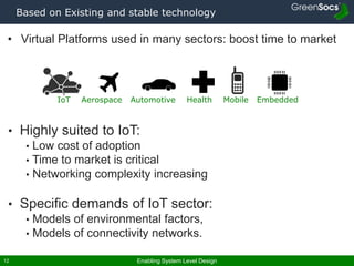 Enabling System Level Design12
Based on Existing and stable technology
IoT Aerospace Automotive Health Mobile Embedded
• Virtual Platforms used in many sectors: boost time to market
• Highly suited to IoT:
• Low cost of adoption
• Time to market is critical
• Networking complexity increasing
• Specific demands of IoT sector:
• Models of environmental factors,
• Models of connectivity networks.
 