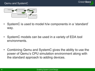 Enabling System Level Design30
Qemu and SystemC
• SystemC is used to model h/w components in a ‘standard’
way.
• SystemC models can be used in a variety of EDA tool
environments.
• Combining Qemu and SystemC gives the ability to use the
power of Qemu’s CPU simulation environment along with
the standard approach to adding devices.
Processors Communication Devices
Command and control
Back-end
 
