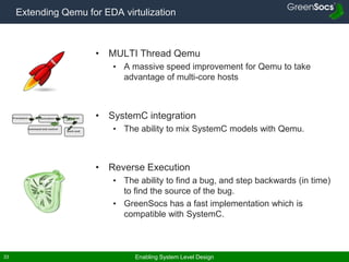 Enabling System Level Design33
Extending Qemu for EDA virtulization
• MULTI Thread Qemu
• A massive speed improvement for Qemu to take
advantage of multi-core hosts
• SystemC integration
• The ability to mix SystemC models with Qemu.
• Reverse Execution
• The ability to find a bug, and step backwards (in time)
to find the source of the bug.
• GreenSocs has a fast implementation which is
compatible with SystemC.
Processors Communication Devices
Command and control
Back-end
 